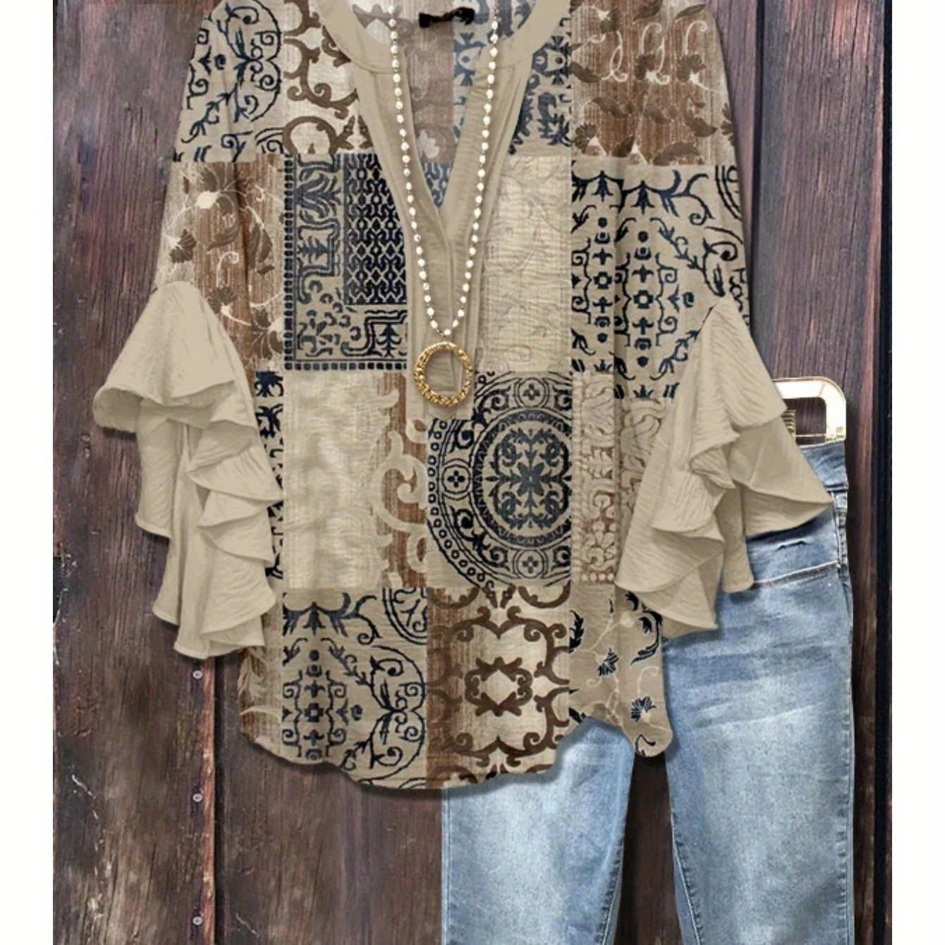 TEMU Plus Size, Large Women's Bohemian V-neck Shirt With Ruffle Sleeves, Grey Brown Floral Print Top, Casual Breathable Machine Washable Pullover