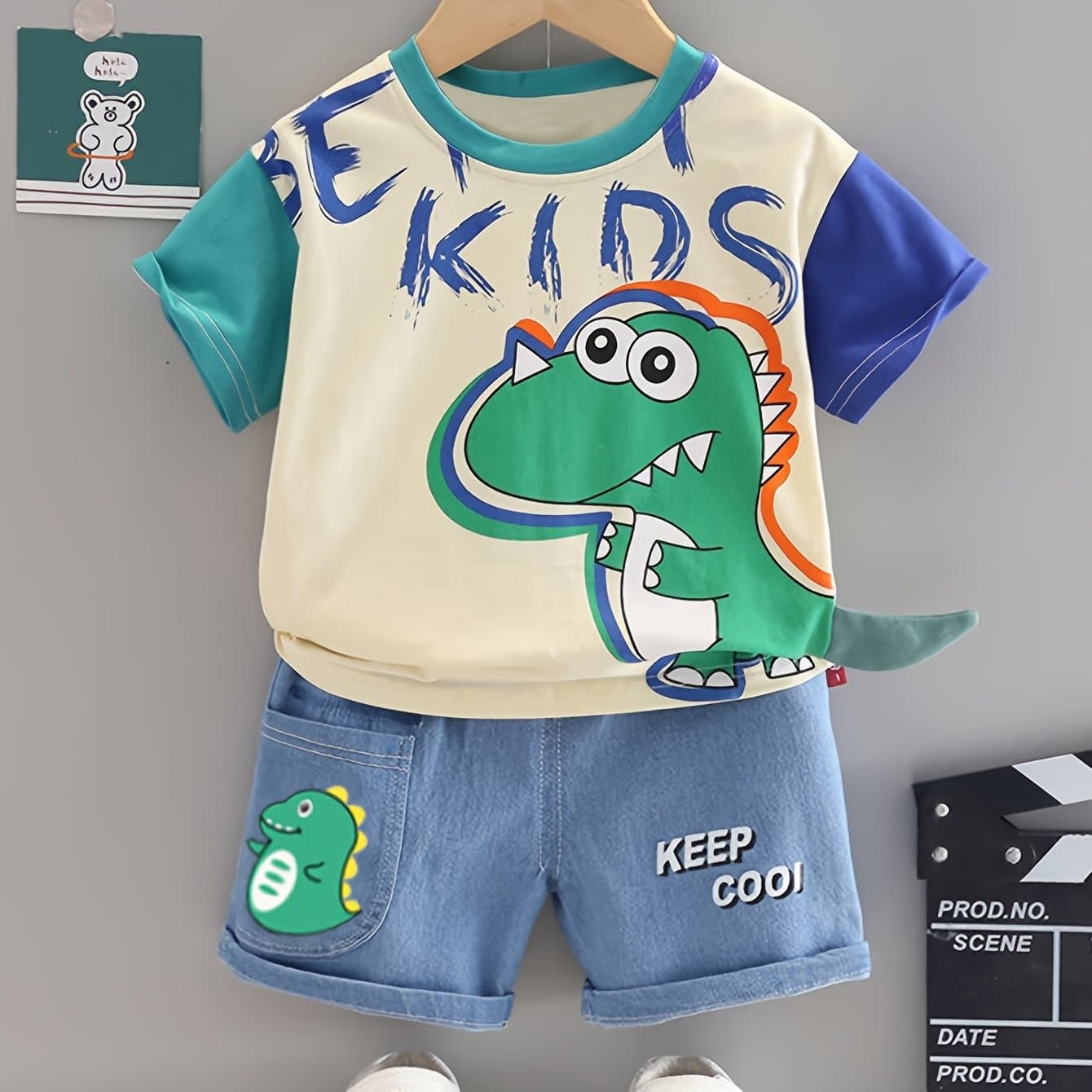 TEMU Boys' 2pcs Casual Outfit, Cute Dinosaur And Letter Print Short Sleeve T-shirt With Shorts, Comfortable Summer Outdoor Wear, Perfect For Outdoor