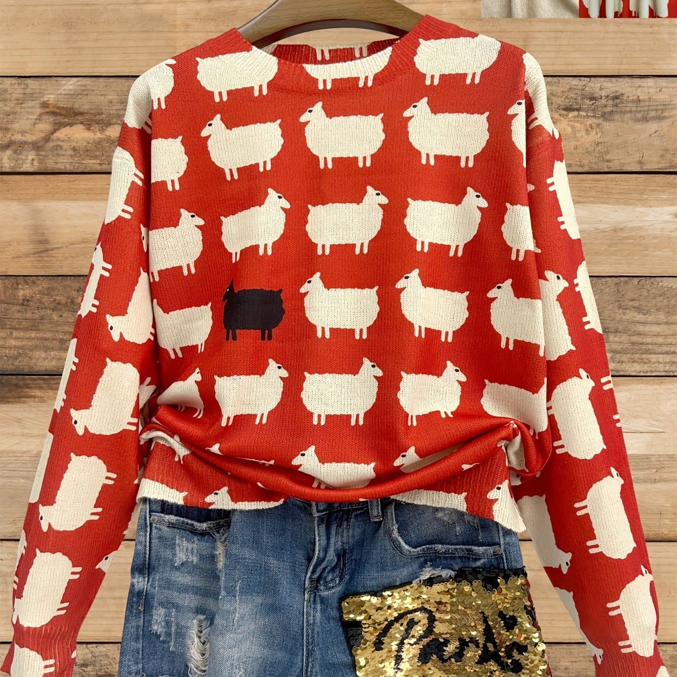 TEMU [all-] [thin] [sweater] All- Sheep Print Printing Thin, Casual Crew Neck Long Sleeve Sweater, Women's Clothing