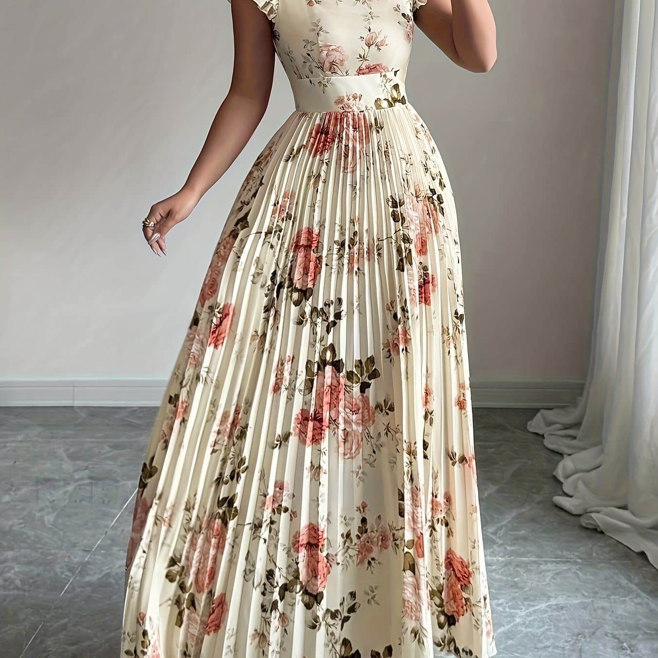 TEMU Women's Elegant Floral Print Pleated Hem Long Dress, Summer