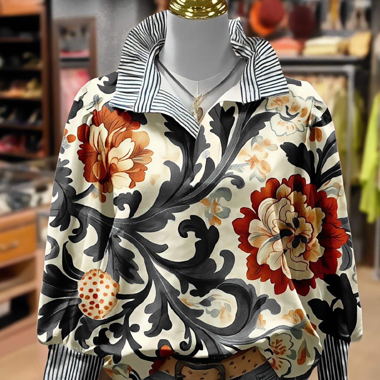 TEMU Women's Printed Shirt With Striped Bow Tie Pullover Long Sleeve Casual Blouse