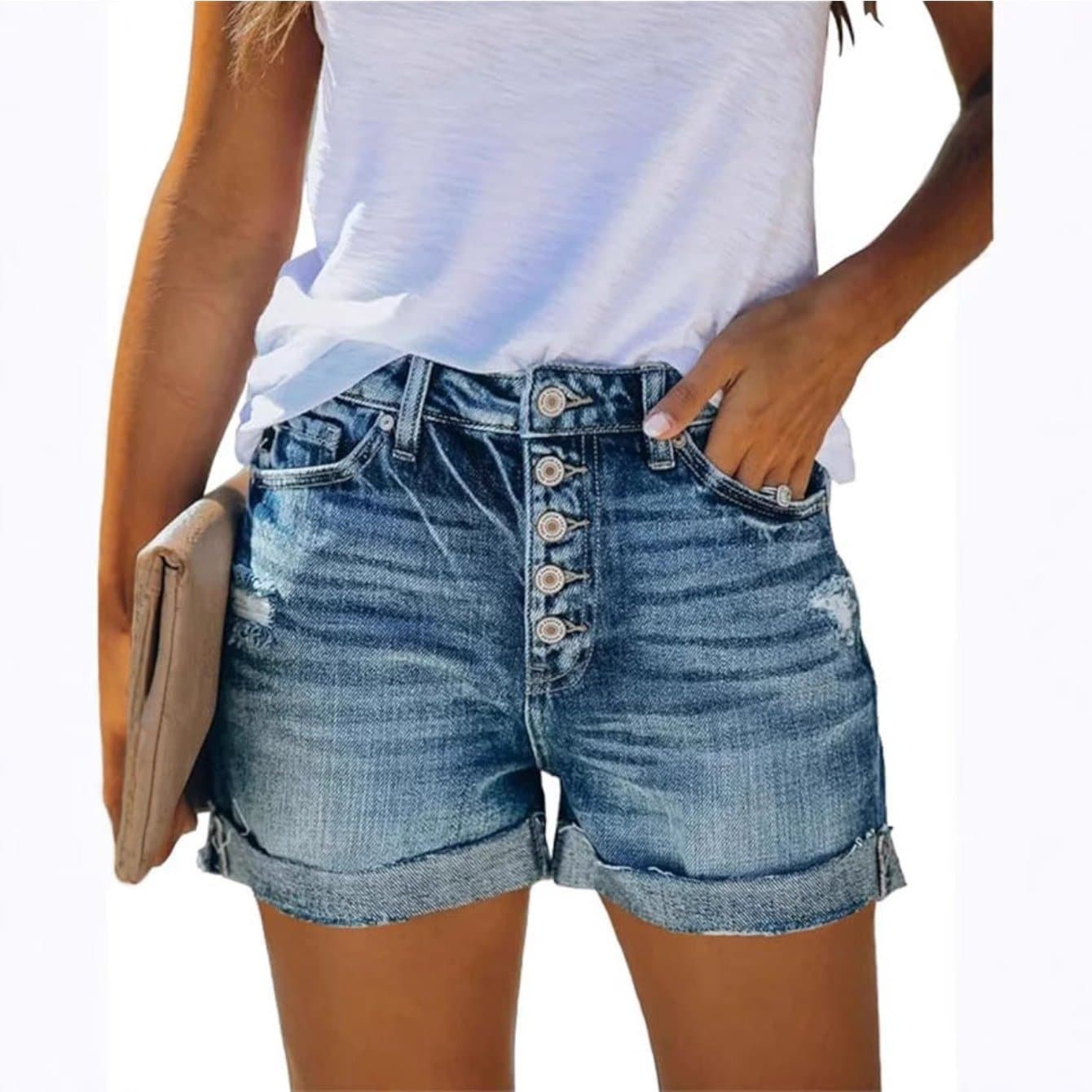 TEMU Ripped Denim Shorts, High Waist Slim Fit - Distressed Hem Summer Shorts For Y2k Style Sexy, , Elegant
