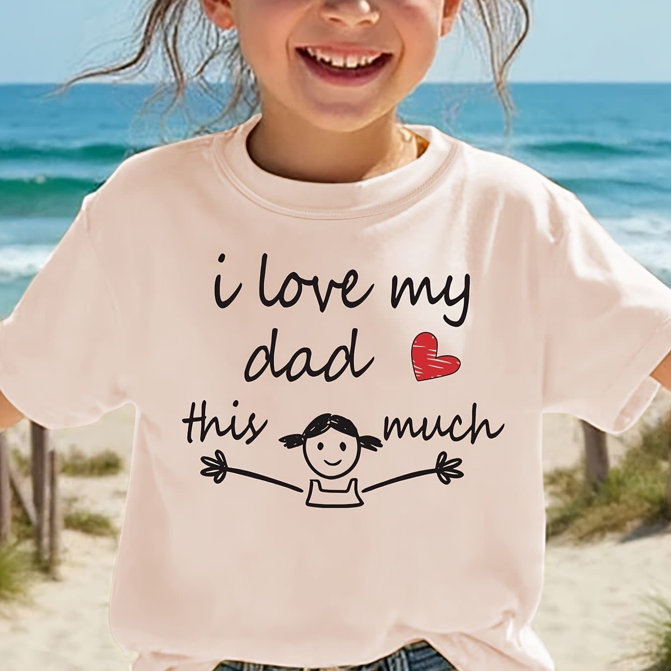 TEMU Summer Fashion Girls' Short Sleeve "i Love This Much" Letter Top Nydx5737