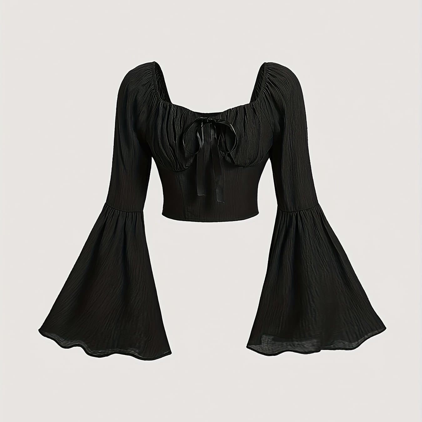 TEMU Solid Color Front-tie Short Blouse Sleeves