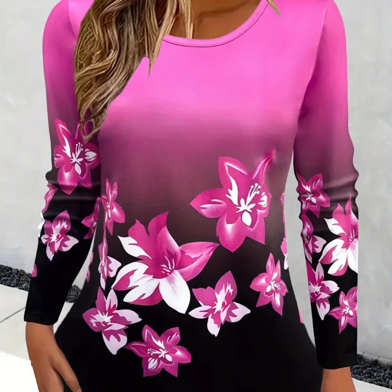 TEMU 3d Floral Print Women's Slogan Print Long Sleeve Casual T-shirt - Soft Medium Stretch Fabric, Round Neck, Relaxed Fit, Comfortable Wear - Perfect For Daily Life, Work, Or Leisure