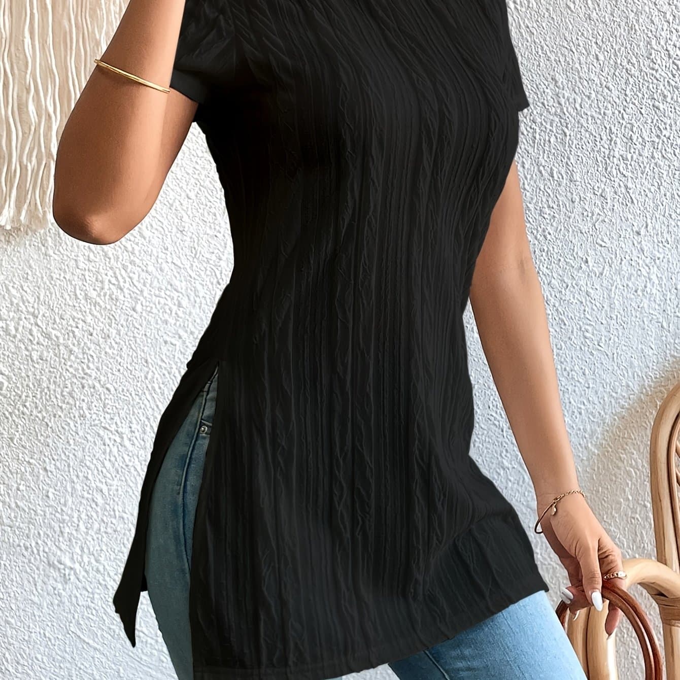 TEMU Directional Solid Color Split Hem T-shirt