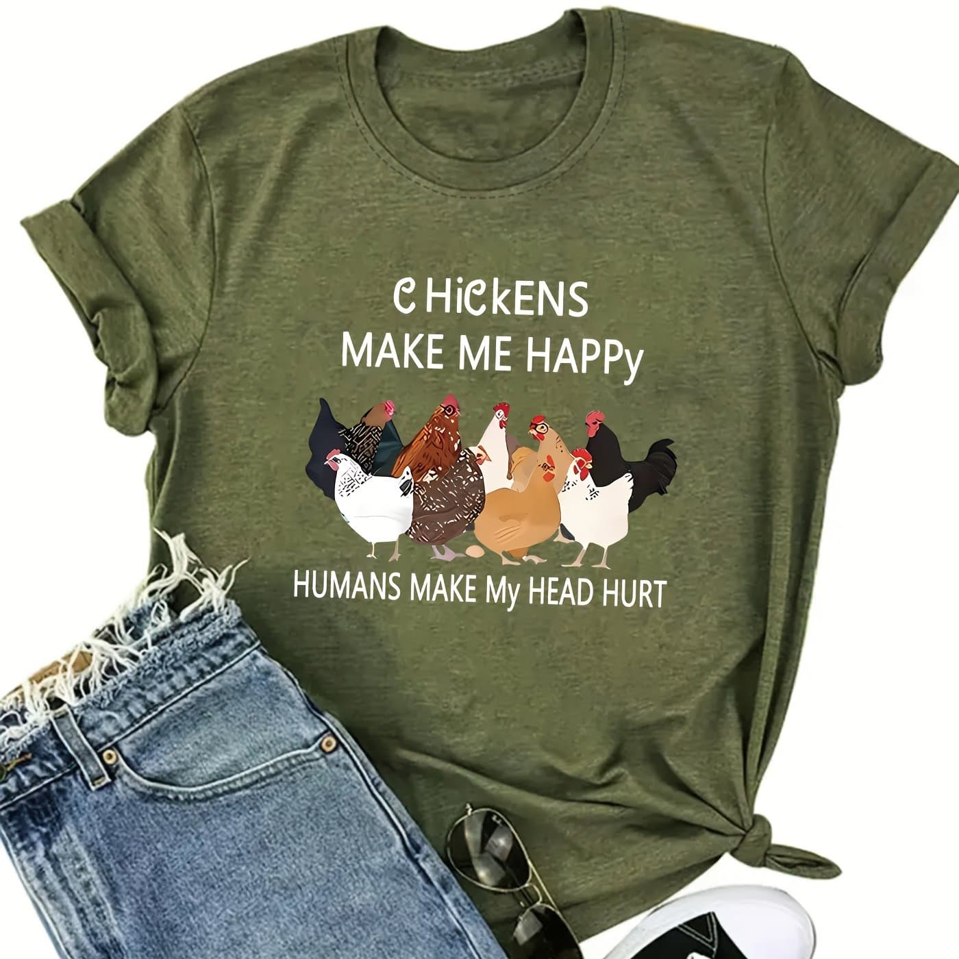 TEMU Chickens Print T-shirt, Short Sleeve Crew Neck Casual Top For Summer & Spring, Women's Clothing