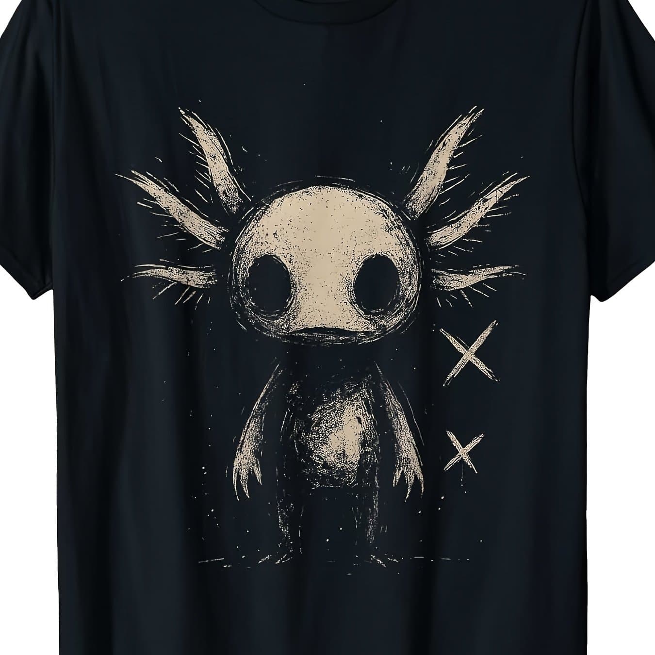 TEMU Axolotl Emo Goth T-shirt | Same Style For Men And Women, 2025 Summer, Short-sleeved, Printed, Pure, 220g, Crew Neck, Vintage Style, Slight Stretch Fabric, Regular Fit, Drawing Pattern