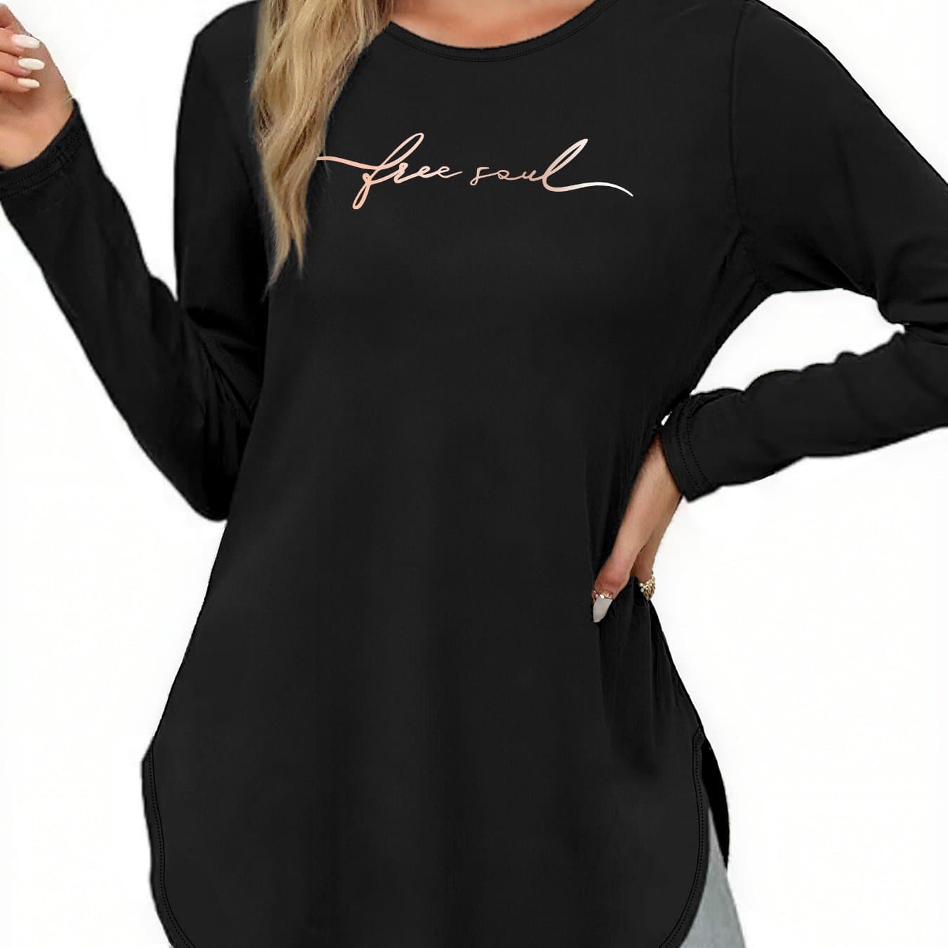 TEMU Women's Fashion Long-sleeved T-shirt, Printed Design Round-necked T-shirt, Women's Autumn And Winter Casual Long-sleeved T-shirts With Hem Slit Design.