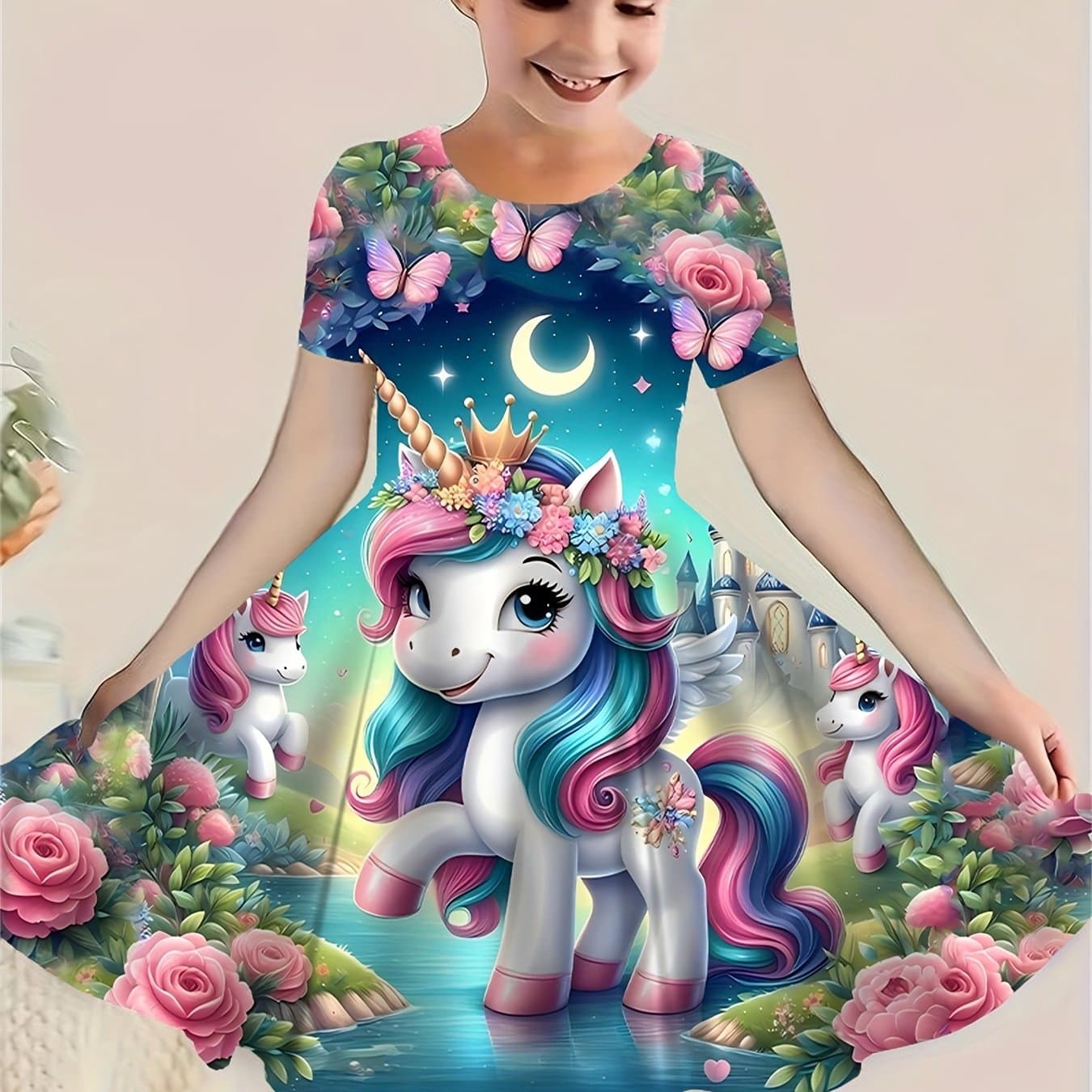 TEMU 3d Pattern Short Sleeve Princess Dress | Spring Summer Girls' Casual Cartoon Print Top Set With Crew Neck And Regular Fit