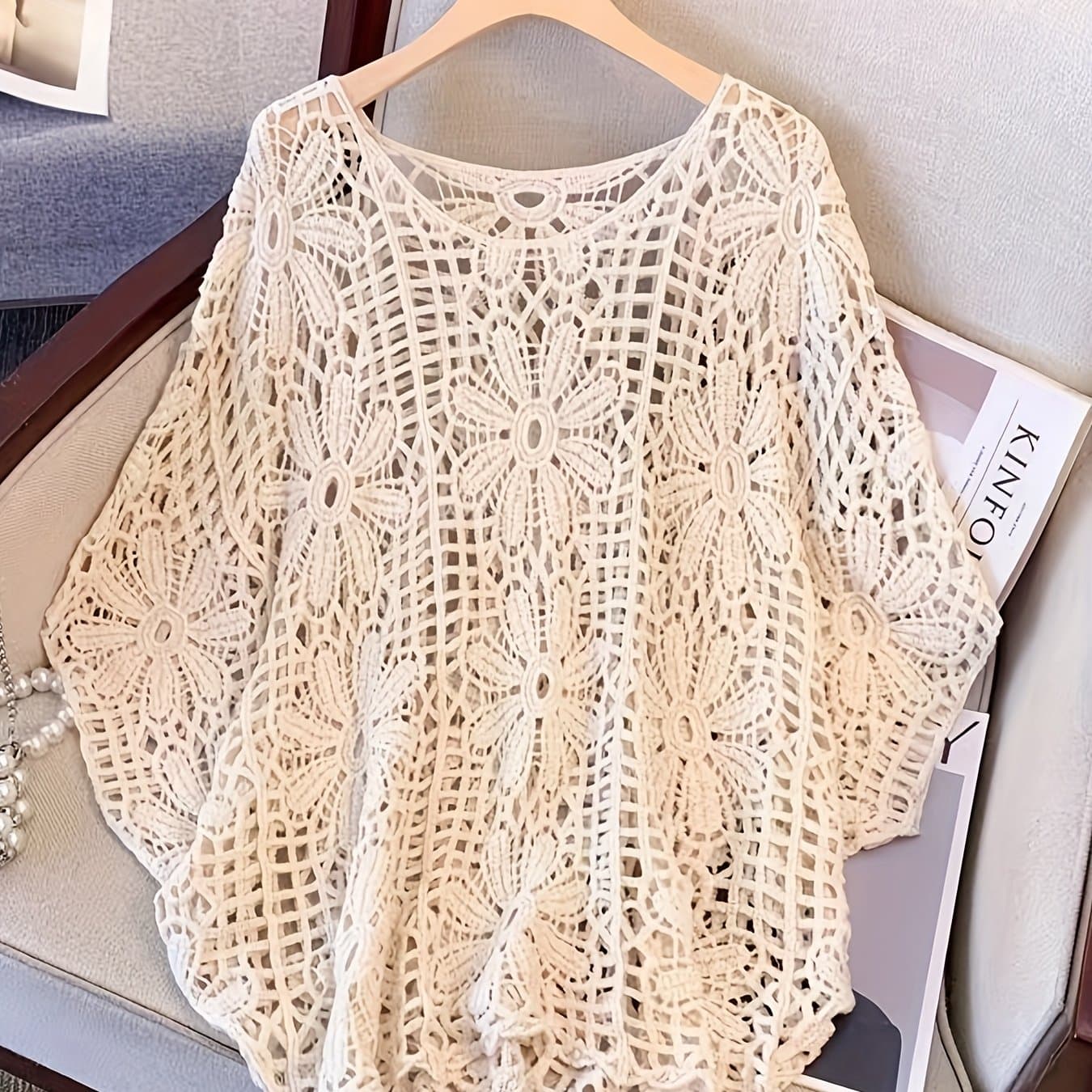 TEMU Round-neck Solid Color Openwork Batwing Sleeve Cover-up