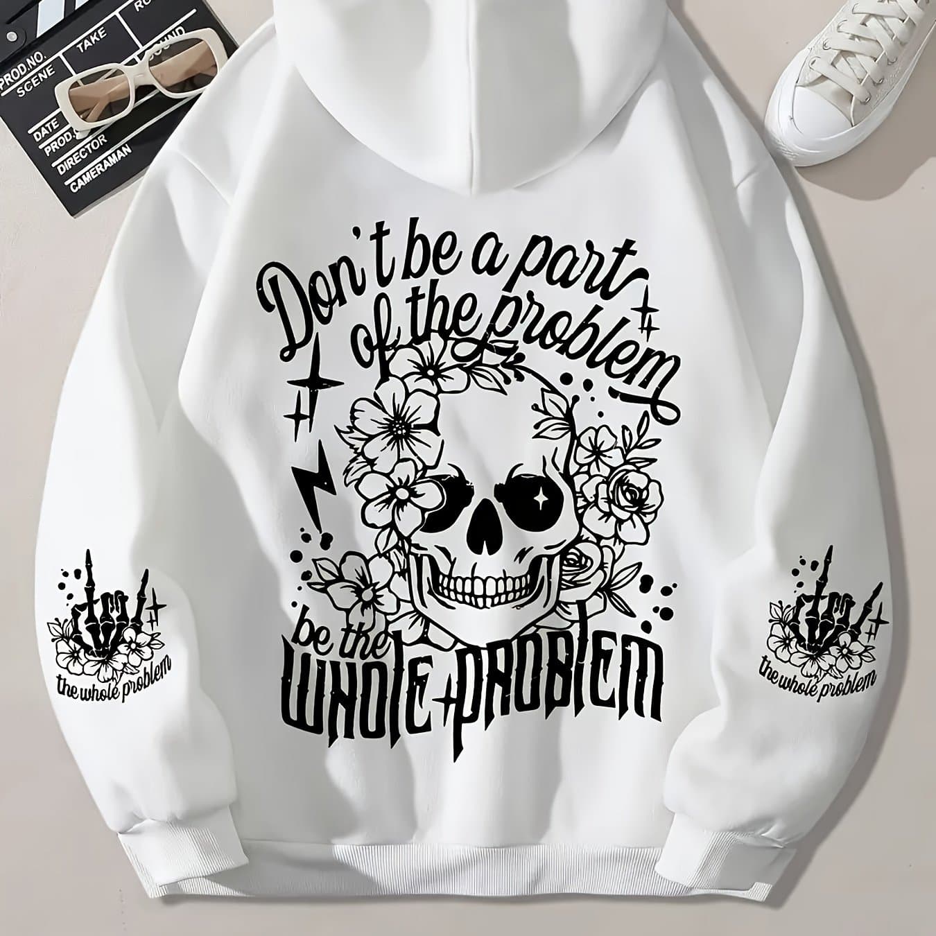 TEMU Edgy "don't Be A , Whole Problem" Slogan Hoodie - White Loose Fit Pullover With Skull & Floral Print, Long Sleeve Casual Hooded For Halloween Outfits Or Casual Attire