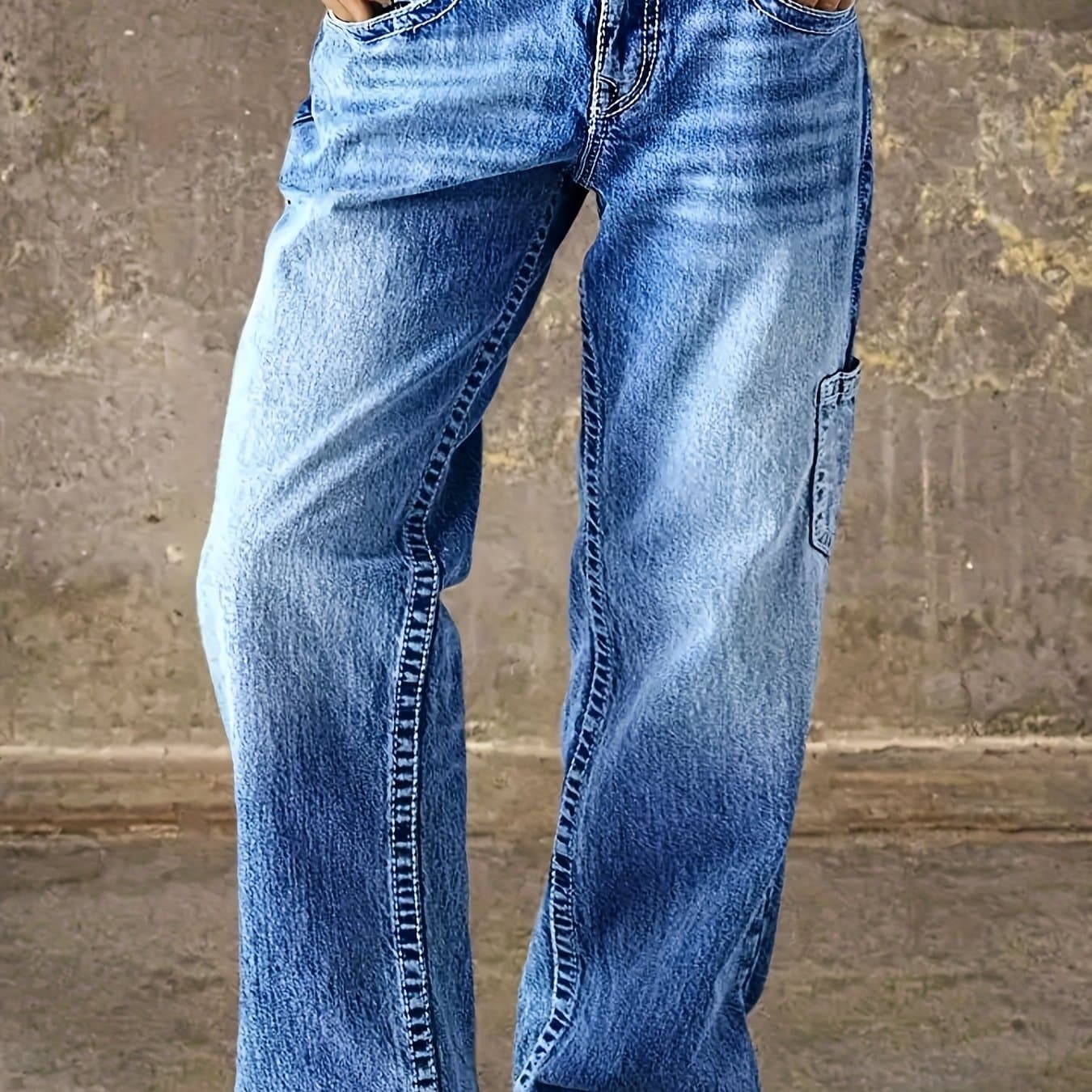 TEMU Hme Autumn/winter New Arrival - Women's Vintage Casual Jeans, Mid-rise Stretch Relaxed Straight-leg Workwear Style, Durable Multi-, Vintage Washed Hand- Cat-eye Pattern, Faded , Wear, Simple