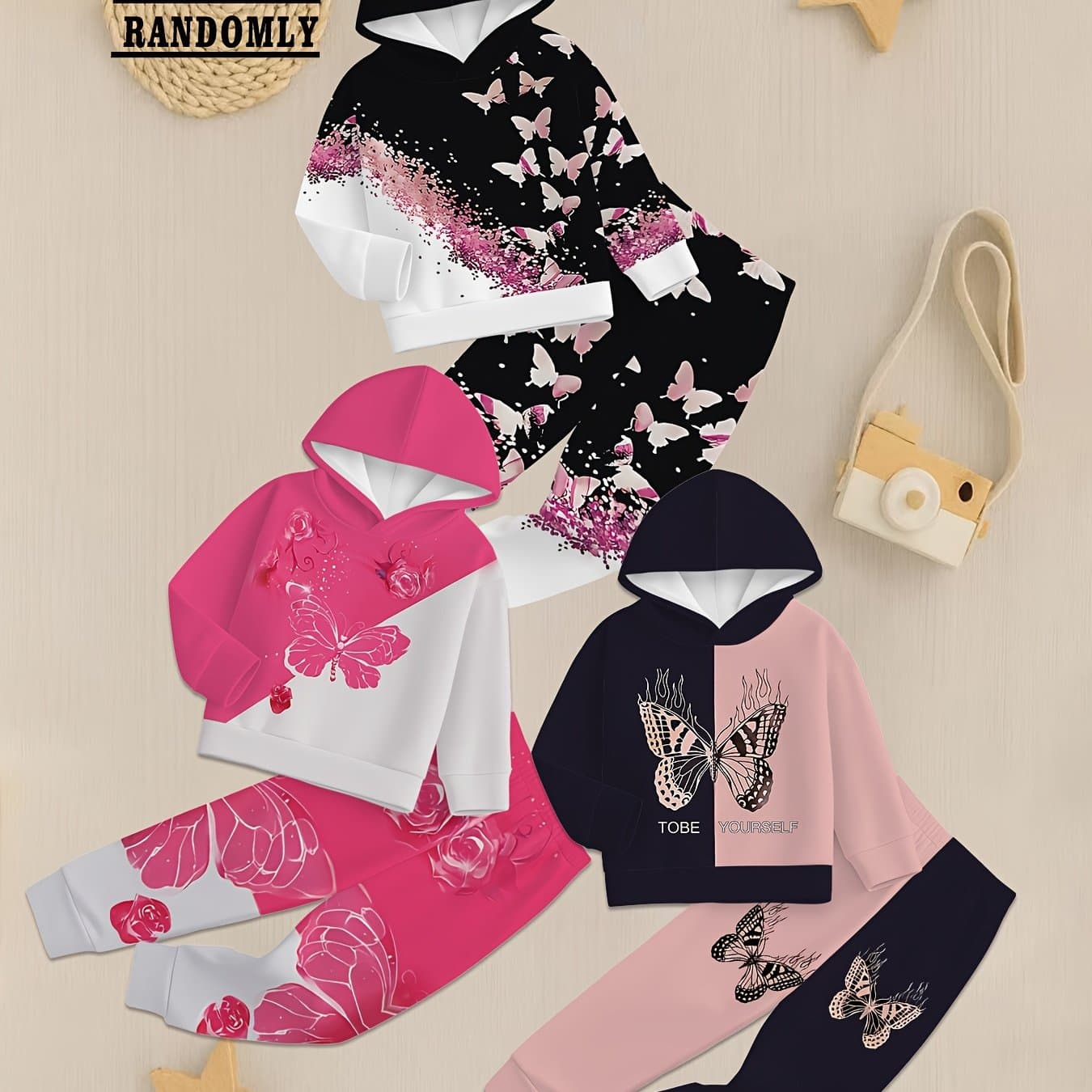 TEMU Baby Girls' Autumn & Winter 3pcs Set (one Random Set ) - Cute Printed Hooded Sweatshirt + Pants Toddler Casual Outfit, Perfect For Outdoor