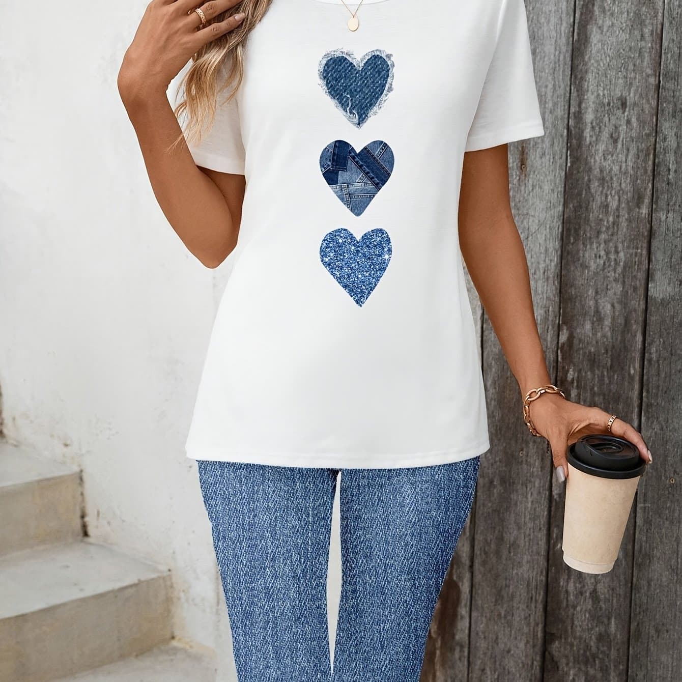TEMU Women's 2pcs Set, Summer Casual Vintage Heart Print Outfit, Fashion Set A004
