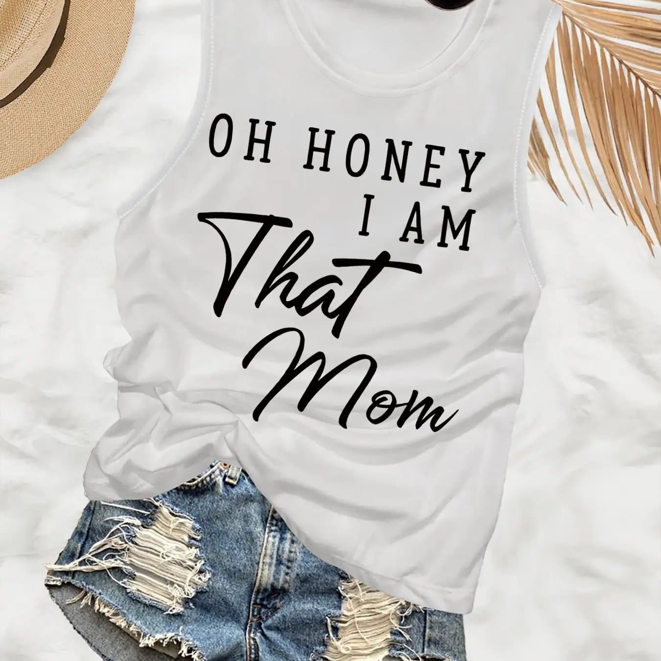 TEMU " Mom" Sleeveless Tank Top - Grey Casual Summer Shirt With White Cursive Lettering, Mom Slogan Print, Round Neck H- T-shirt For Moms, Funny Gift