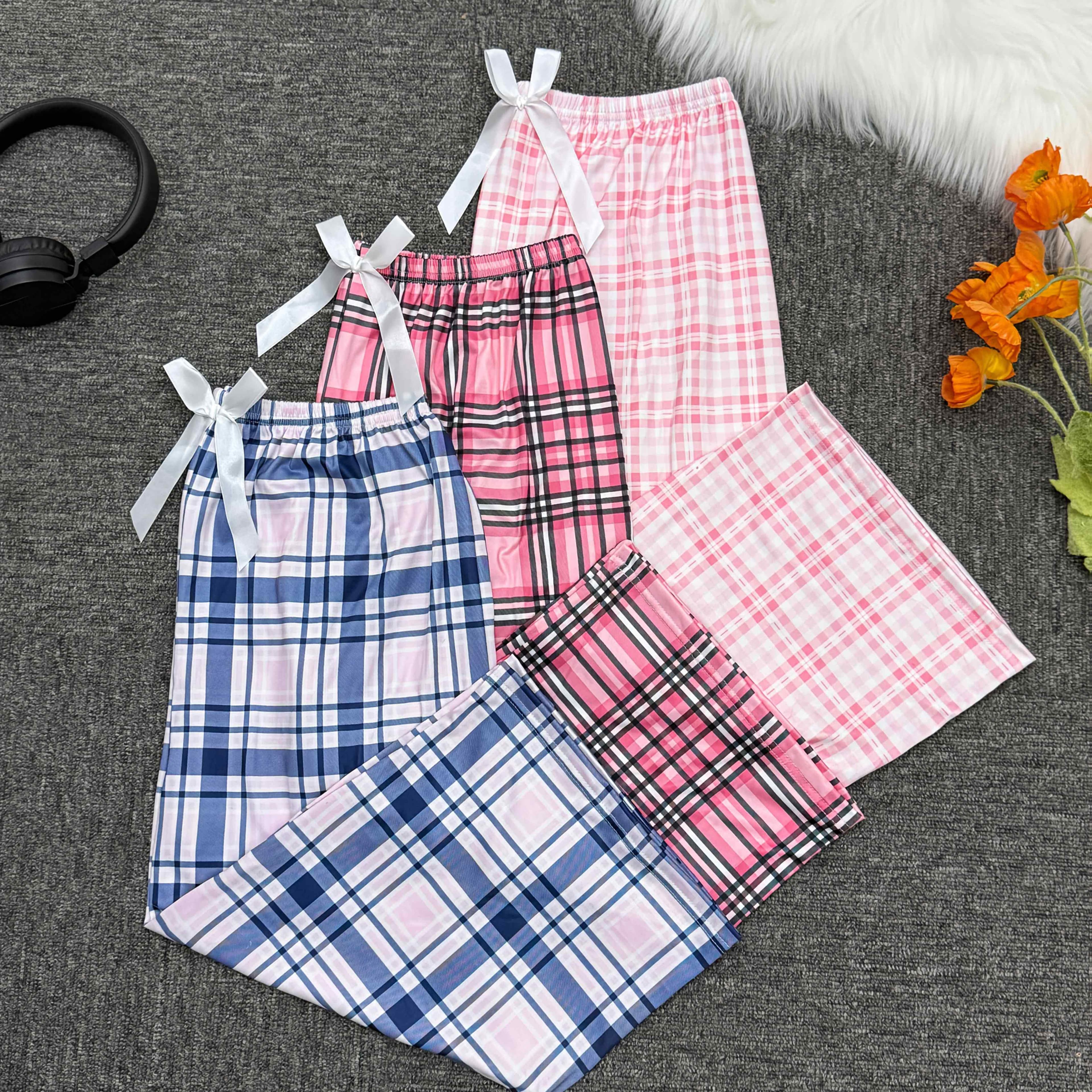 TEMU Comfortable Soft Casual Easy Checkered Print With White Bow Decor 3pcs Women's Set, 95% 5% Fabric, Soft And Comfortable, Wearable Outdoors