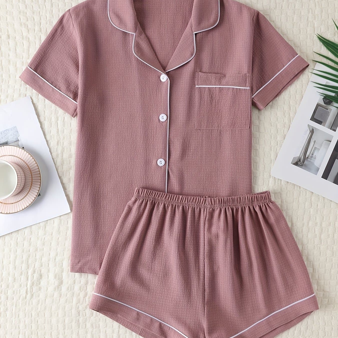 TEMU Easy Solid Pajama Set, Short Sleeve Button Up Lapel Collar Top And Elastic Shorts, Women's Sleepwear