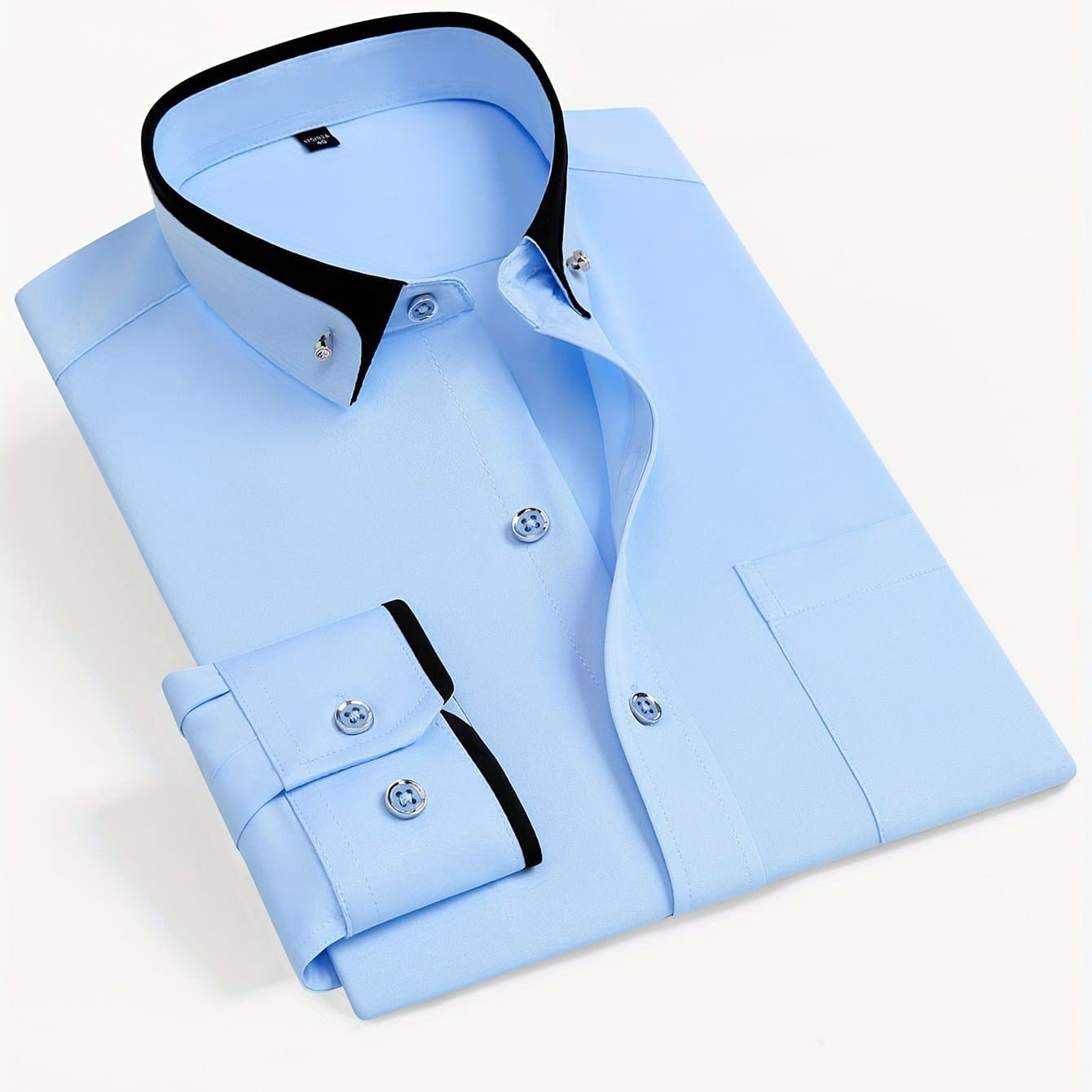 TEMU Men's Color-block Collar Long Sleeve Dress Shirt With Crystal Buttons, Lapel Collar, Fashionable Business Casual Cardigan, Wrinkle-free Stretch Shirt With Pockets