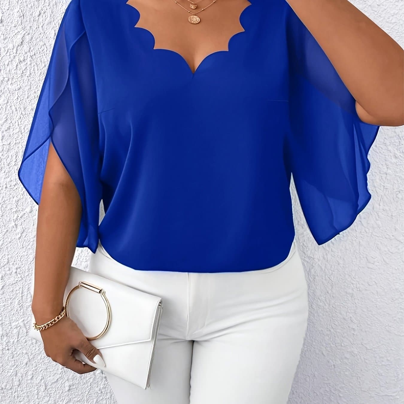 TEMU Plus Size - Plus Size - Plus Size Women's Casual Lace Collar Chiffon Sheer Sleeve Blouse