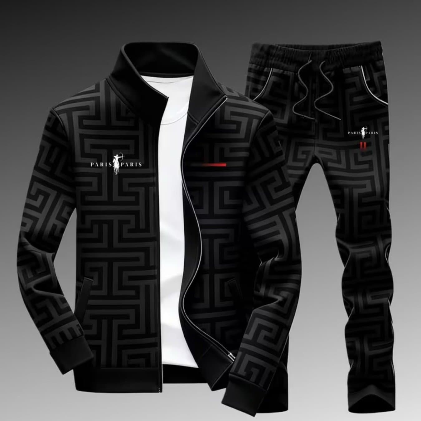 TEMU Track Jacket And Jogger Set Men's Fashion Fall Winter Casual Style Outfit With Geometric Maze Pattern And Player Logo Men's Wear For Adults Men Sportswear Casual Wear