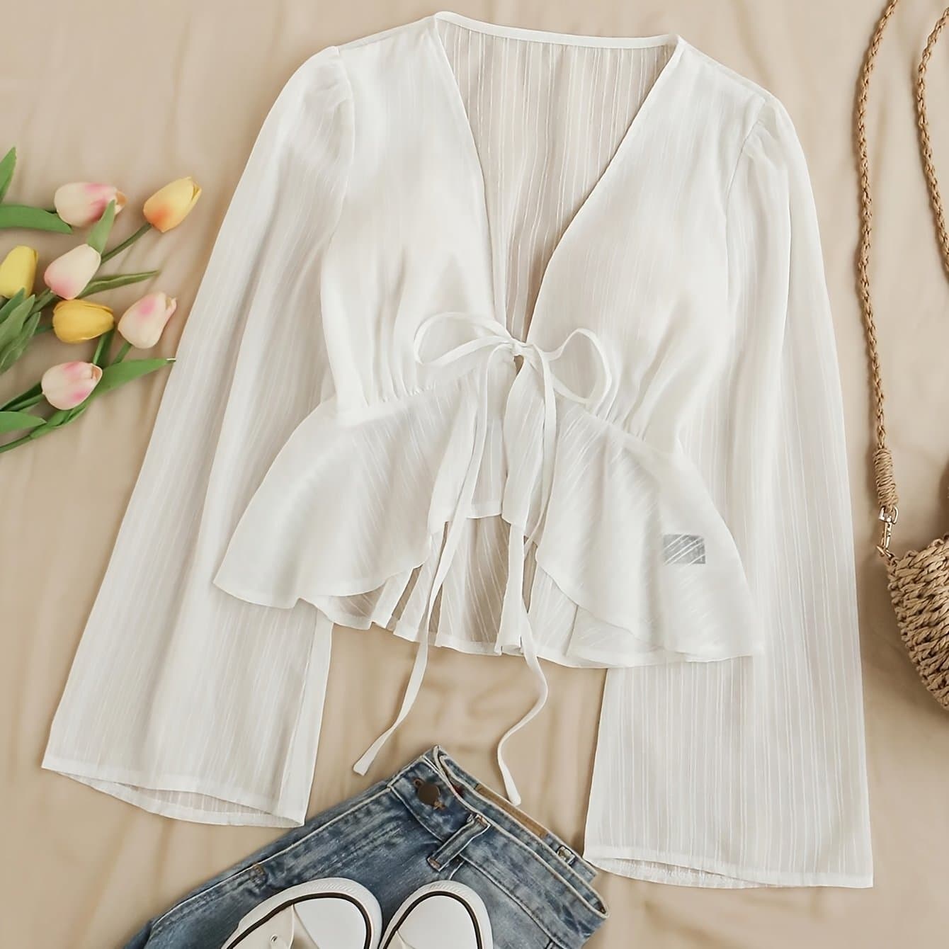 TEMU V-neck Tie-waist Flared Sleeve Flowing Hem Shirt With Trim