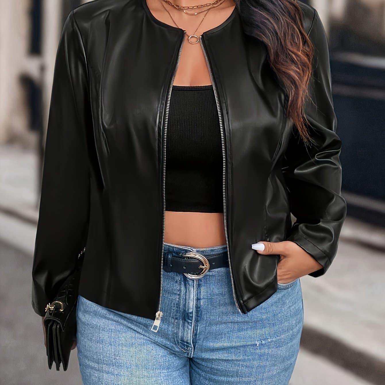 TEMU Plus Size, Plus Size Women's Short Zip-up Pu Jacket, Autumn Winter Long Sleeve Biker Jacket With Simple Round Neck Design, Versatile For Commuting And Casual Wear, Fashion Motorcycle Jacket, Coat