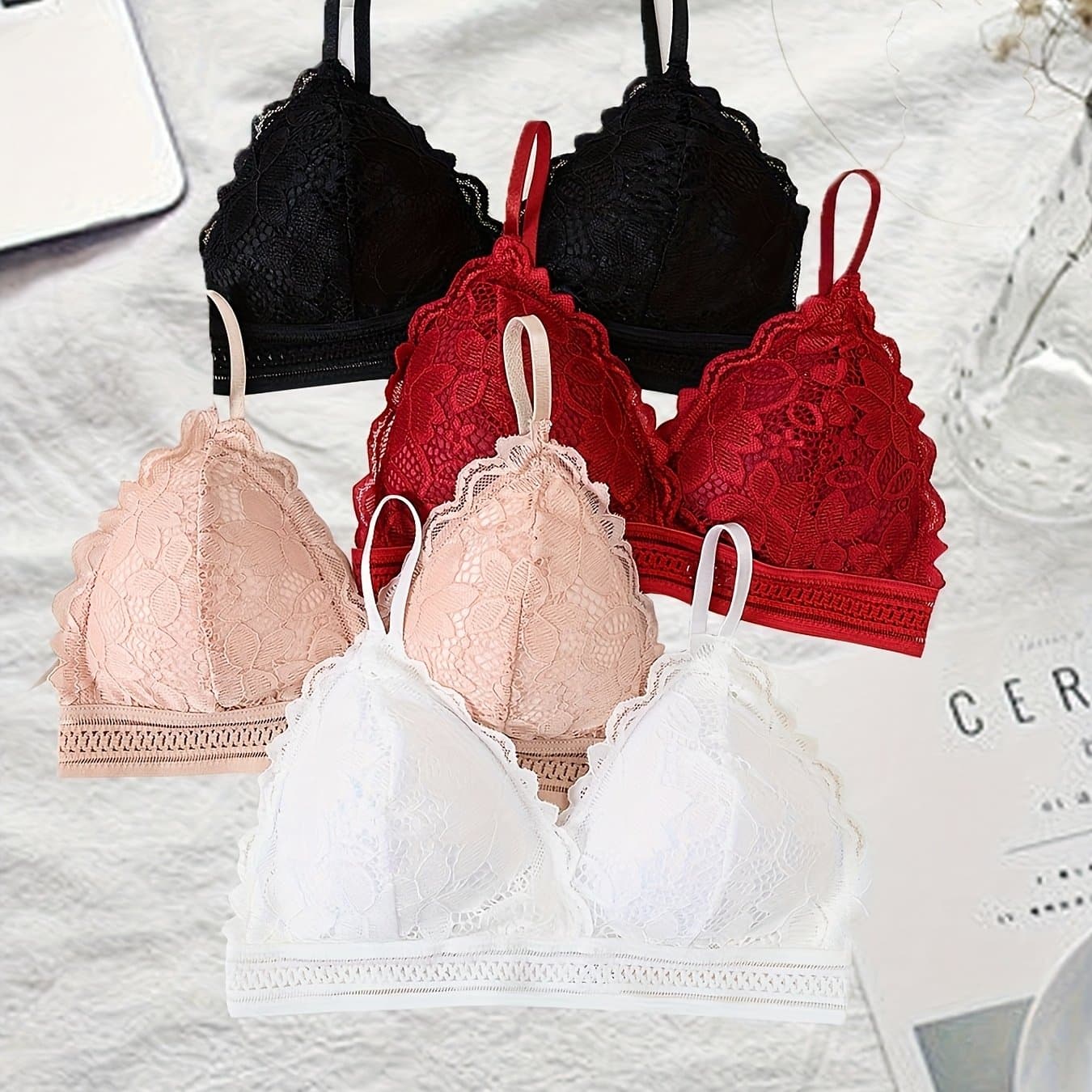 TEMU Set Of 4 Simple Solid-colored Floral Lace Women's Bras With Adjustable Straps, Camisole Style, Without Underwire, Women's Underwear