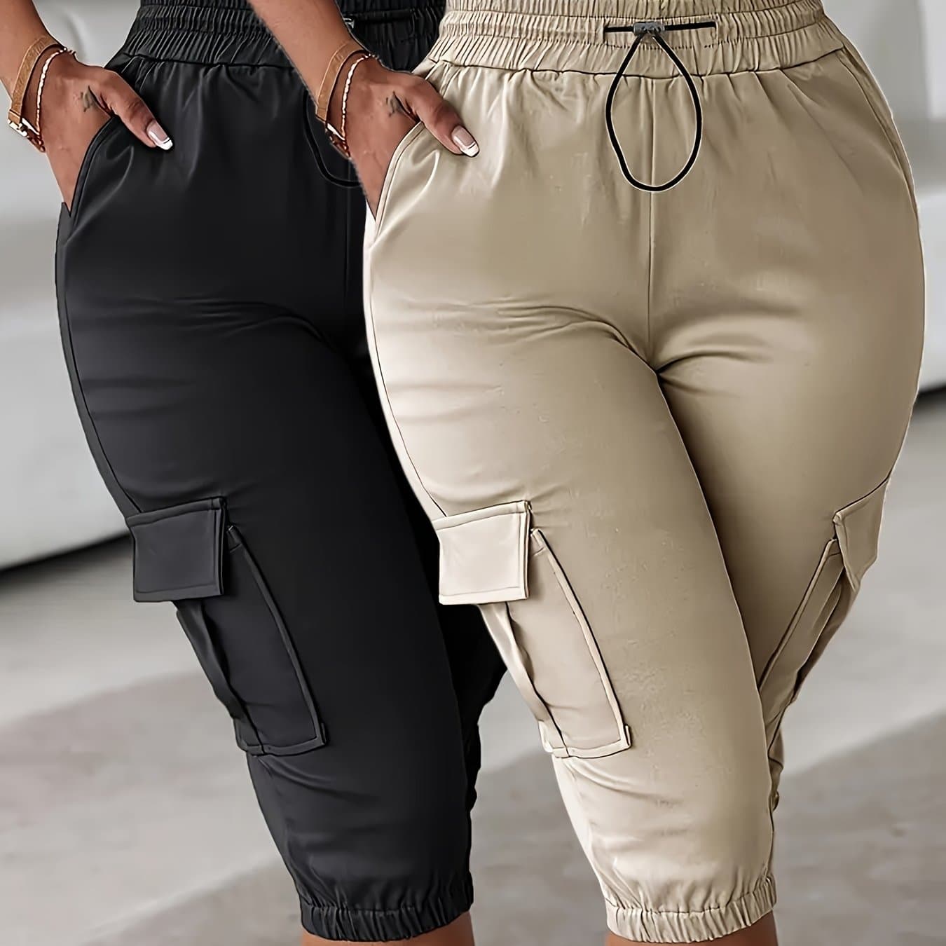 TEMU 3524 Two-pack Women's Elastic Waist Casual Multi-pocket Solid /8 Pants