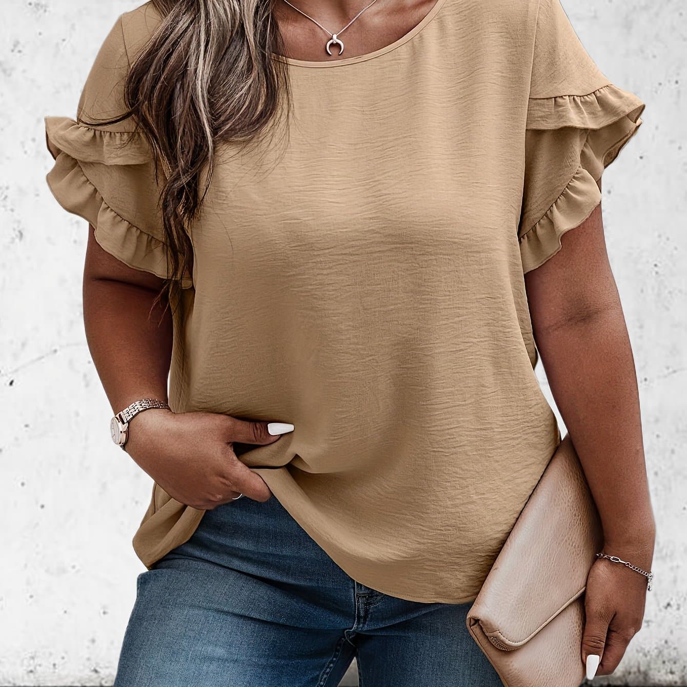TEMU Plus Size - Plus Size - Plus Size Solid Ruffle Trim Blouse