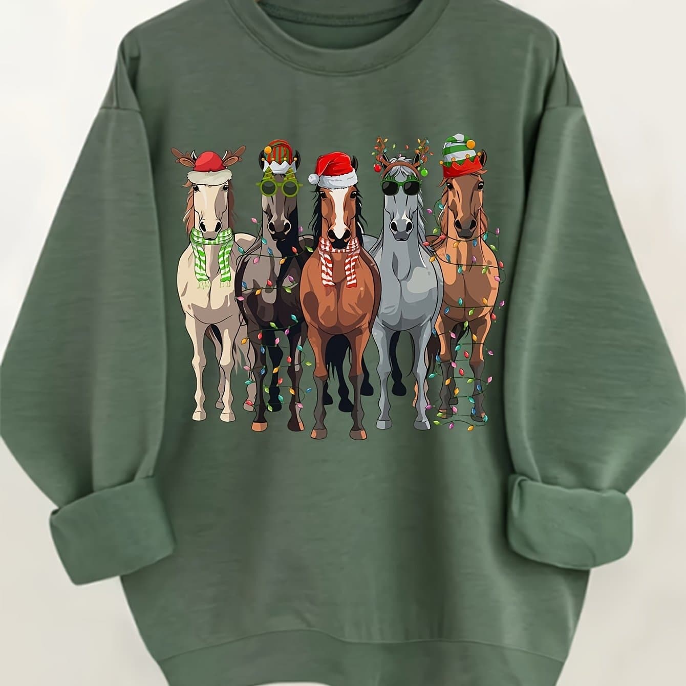 TEMU Horse Print Pullover Sweatshirt, Christmas Long Sleeve Crew Neck Sweatshirt For Fall & Winter, Women's Clothing