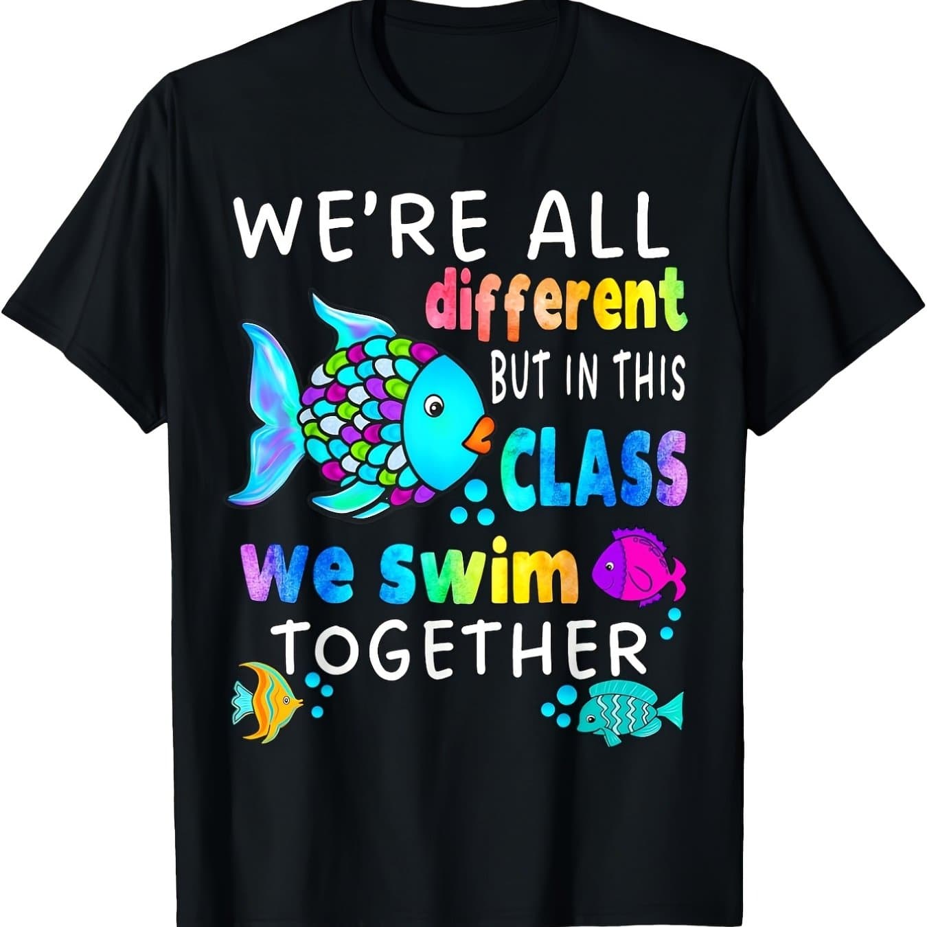 TEMU Men's "we' Different But We Swim " Inclusive Diversity T-shirt - Colorful Fish With Multicolor Fish Symbols & Inclusion Message, Comfortable Casual Round Neck Short Sleeve Tee For , Events,