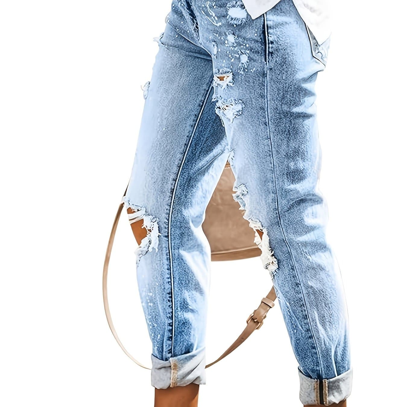 TEMU Fashionable Washed Light Blue Snowflake Dotted Hole Design, Low Slim Fit Straight Leg Women's Jeans