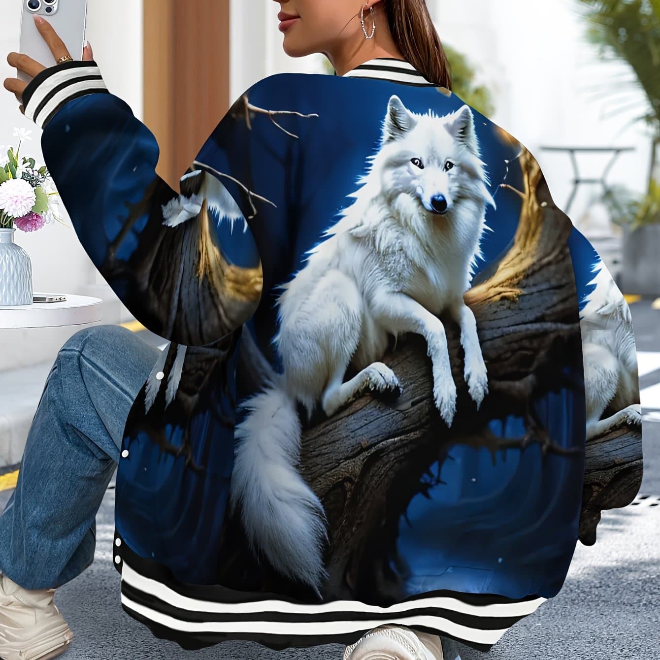 TEMU Women's Dark Blue Jacket With White Wolf Graphic - Retro Streetwear Coat, Regular Fit Long Sleeve Outerwear For Fall/winter Casual Outfits & Formal Events, Machine Washable Fabric
