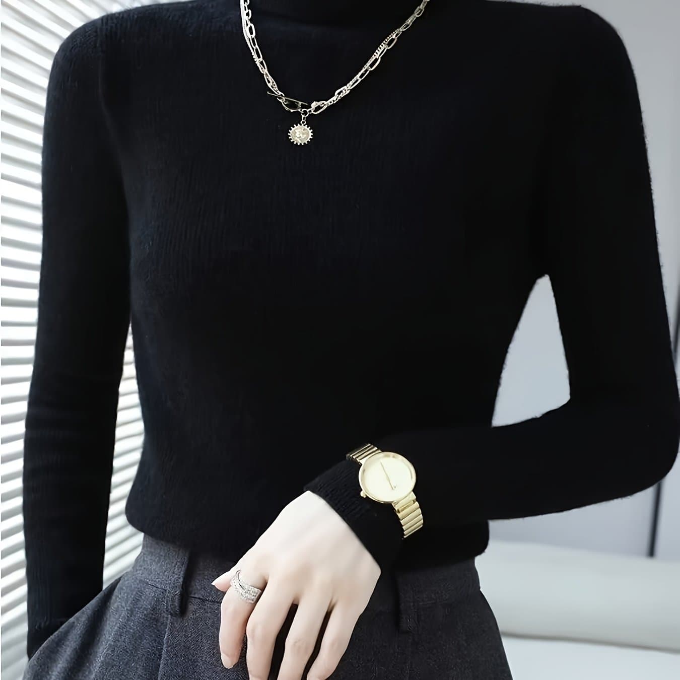 TEMU Plus Size, Plus Size Women's Elegant Long Sleeve Sweater,, High Neck, Warm, Inner Wear Top