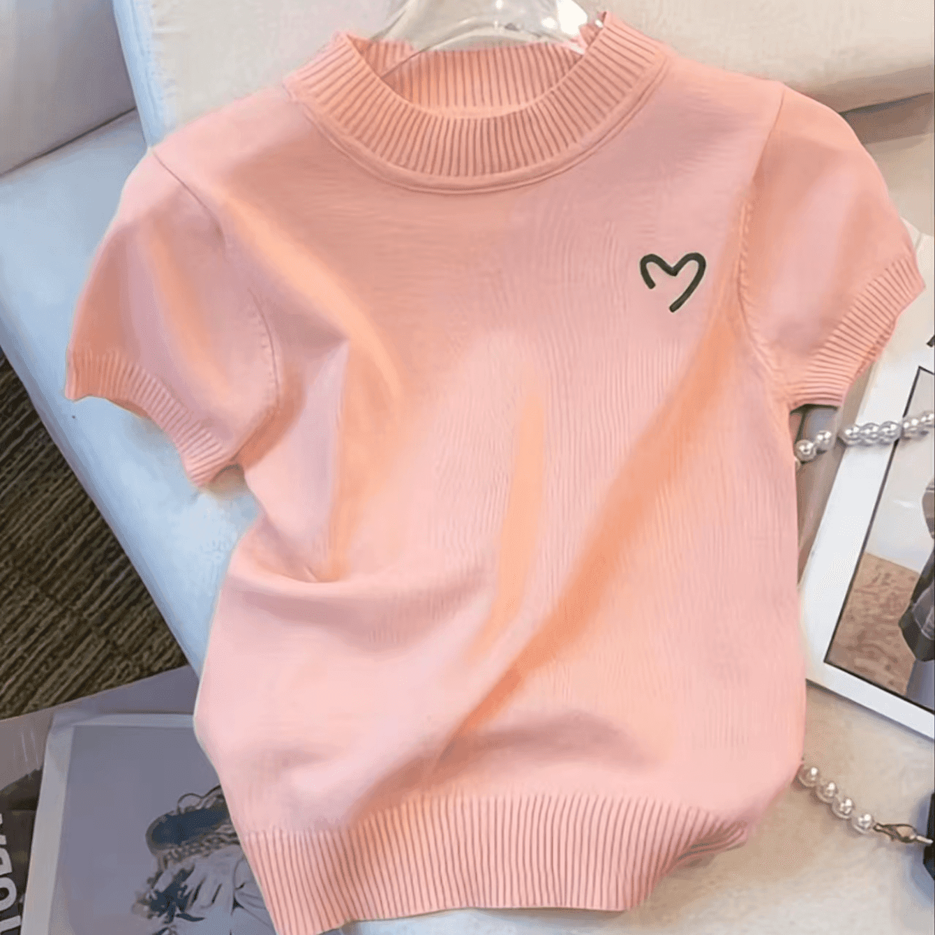 TEMU High Neck Embroidered Heart Short-sleeved Top Women's Spring And Summer New French Slim Short Base Shirt