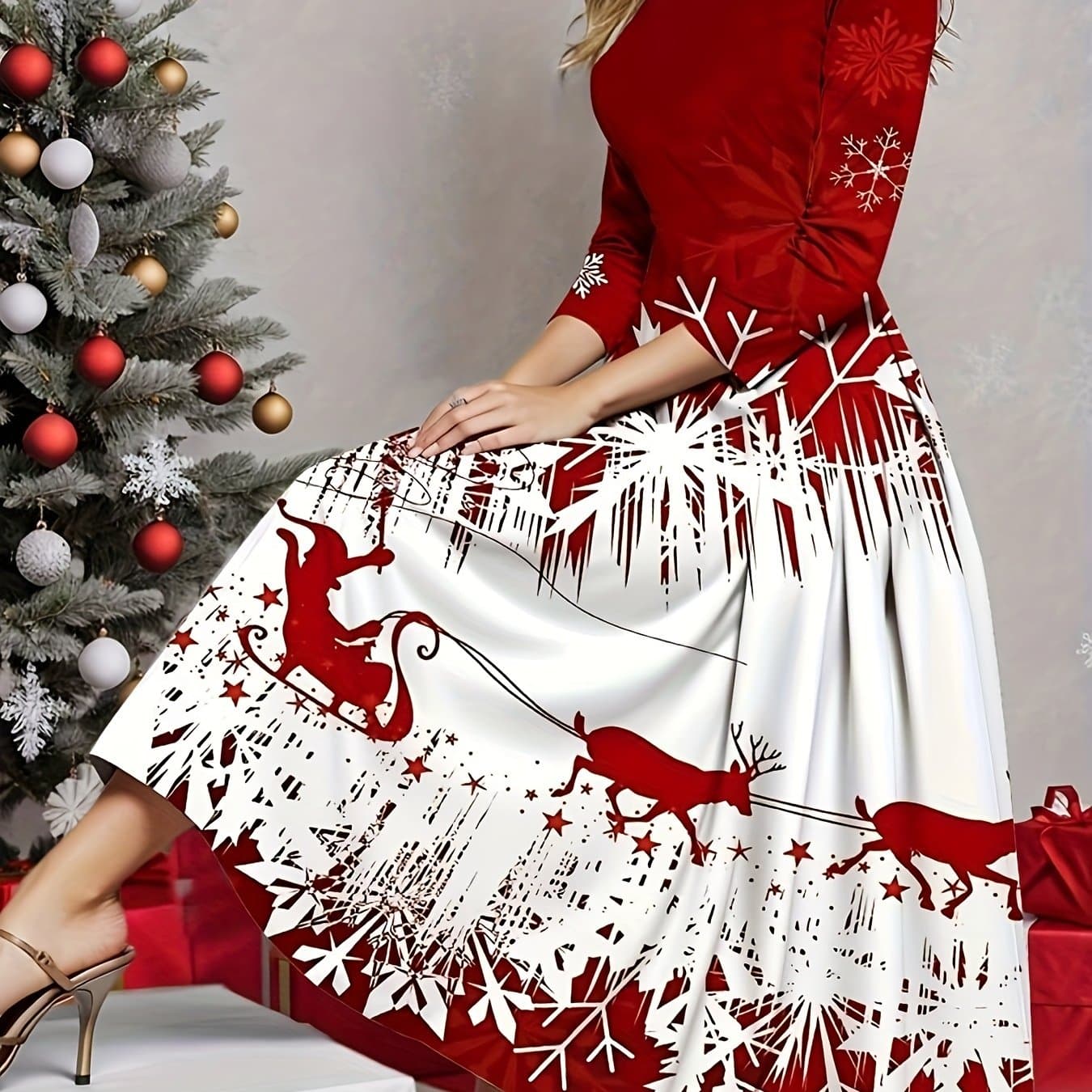 TEMU Spring And Autumn New Christmas Reindeer Long Sleeve Round Neck Dress, Best For Christmas