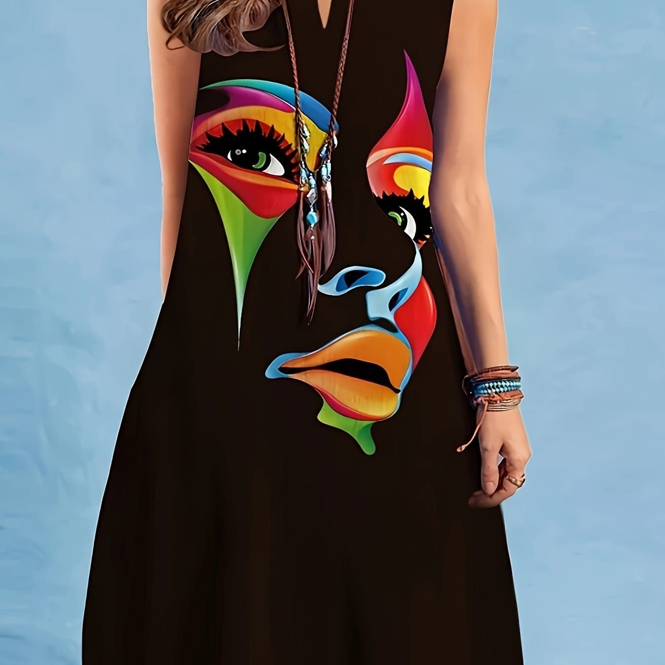 TEMU 2023 New European And American Cross-border Women's Dress, V-neck Sleeveless Sexy Printed Long Skirt, Mid-length Trade Dress