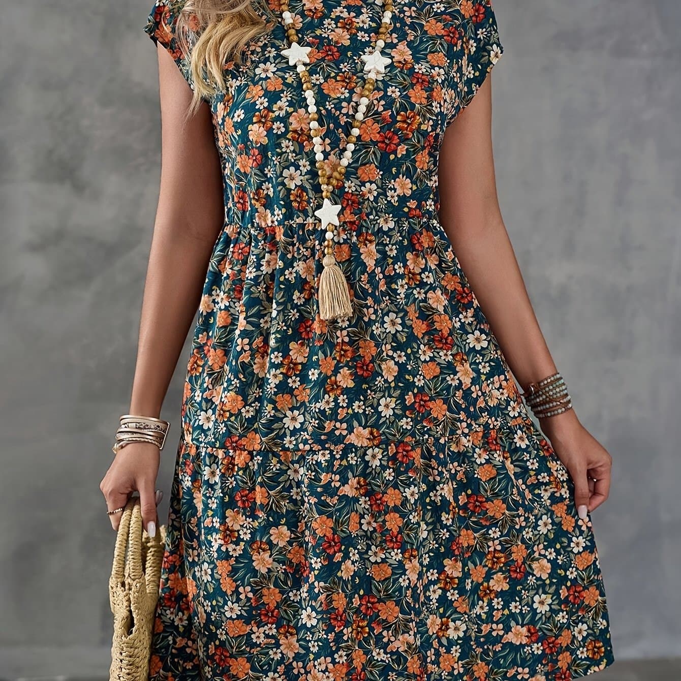 TEMU Elegant Floral Neck Short Sleeve Dress For Women, Polyester, Summer Fitted Midi Dress With Woven Fabric
