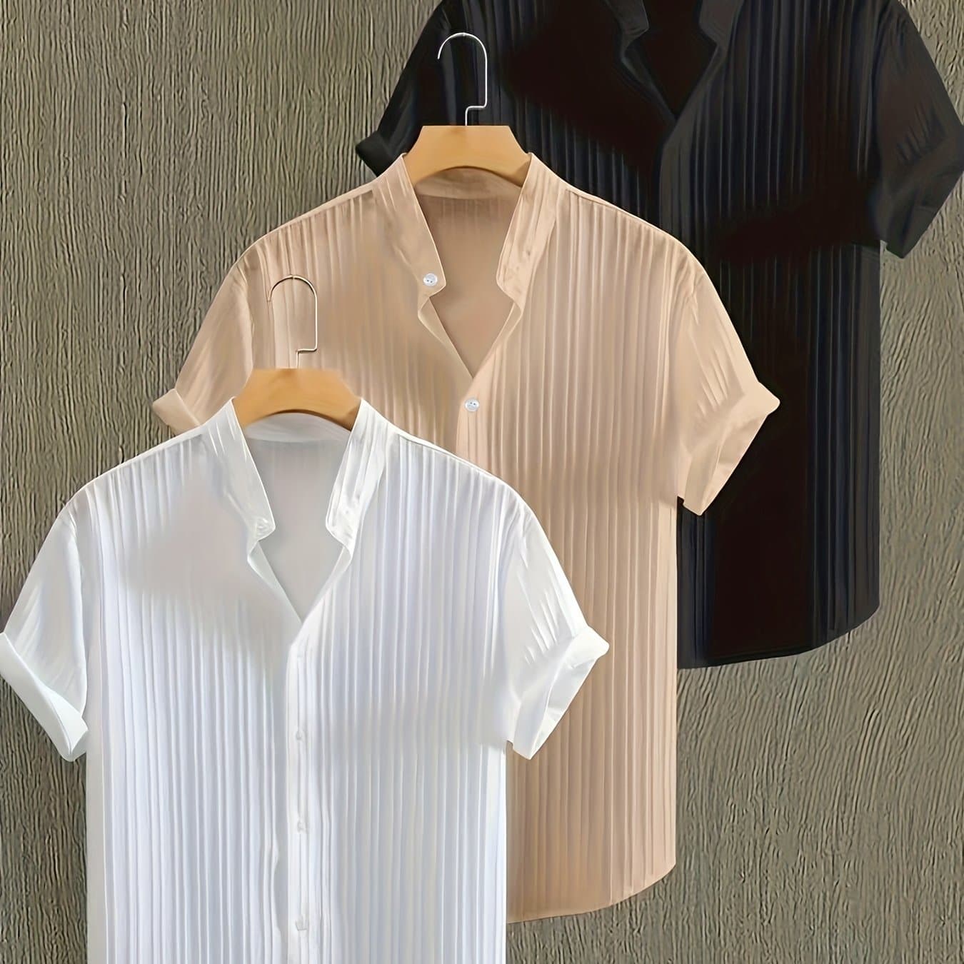 TEMU Men's Summer Solid Color Short Sleeve Collar Shirt, Breathable And Comfortable Fabric Button Top, Casual -match Outfit Suit, Beach Vacation Three-piece Set