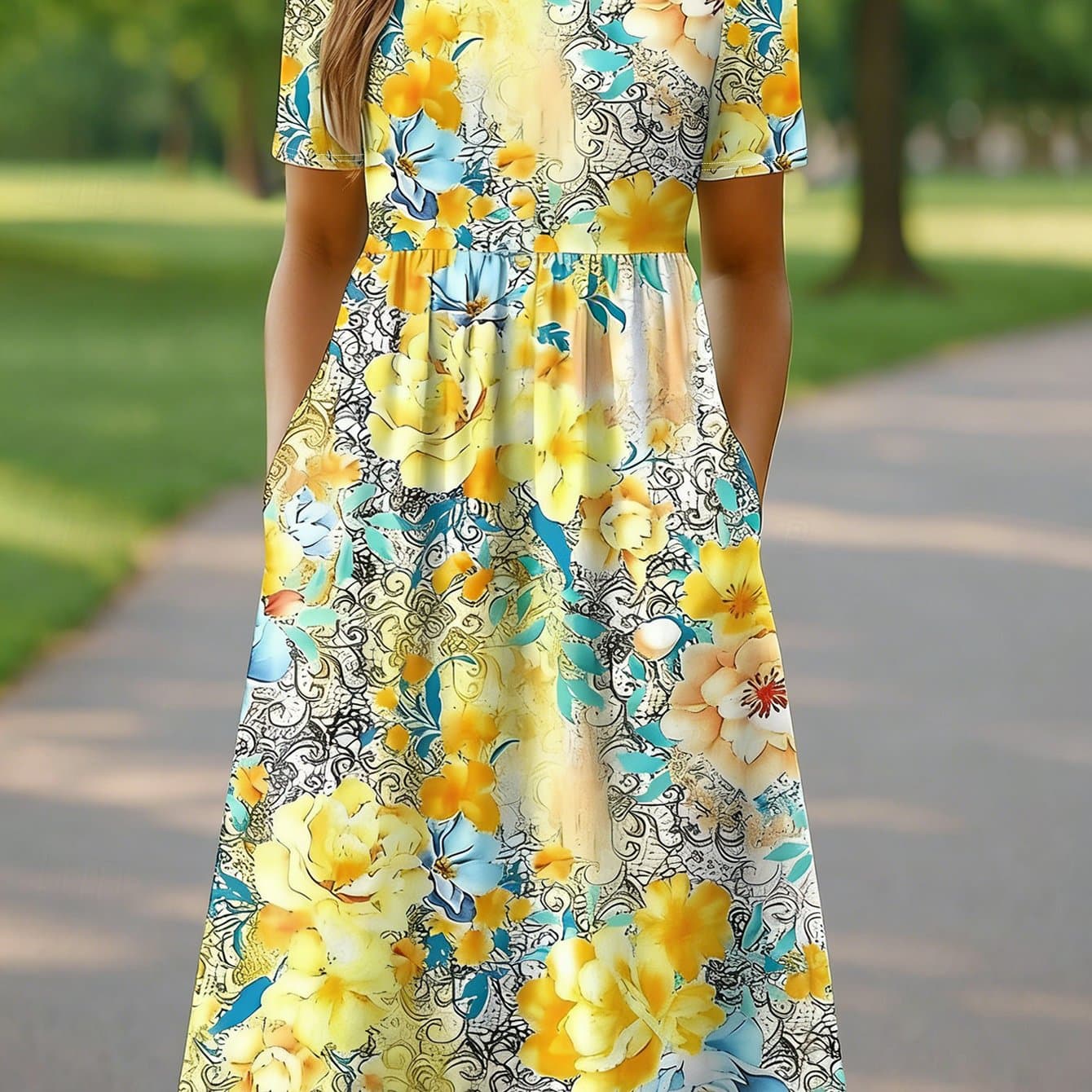 TEMU Plus Size, Plus Size Yellow& Blue Floral Print Dress Short Sleeve, Round Neck, Pocketed Midi Length Style Bright& Loose Dress Plus Size Dress