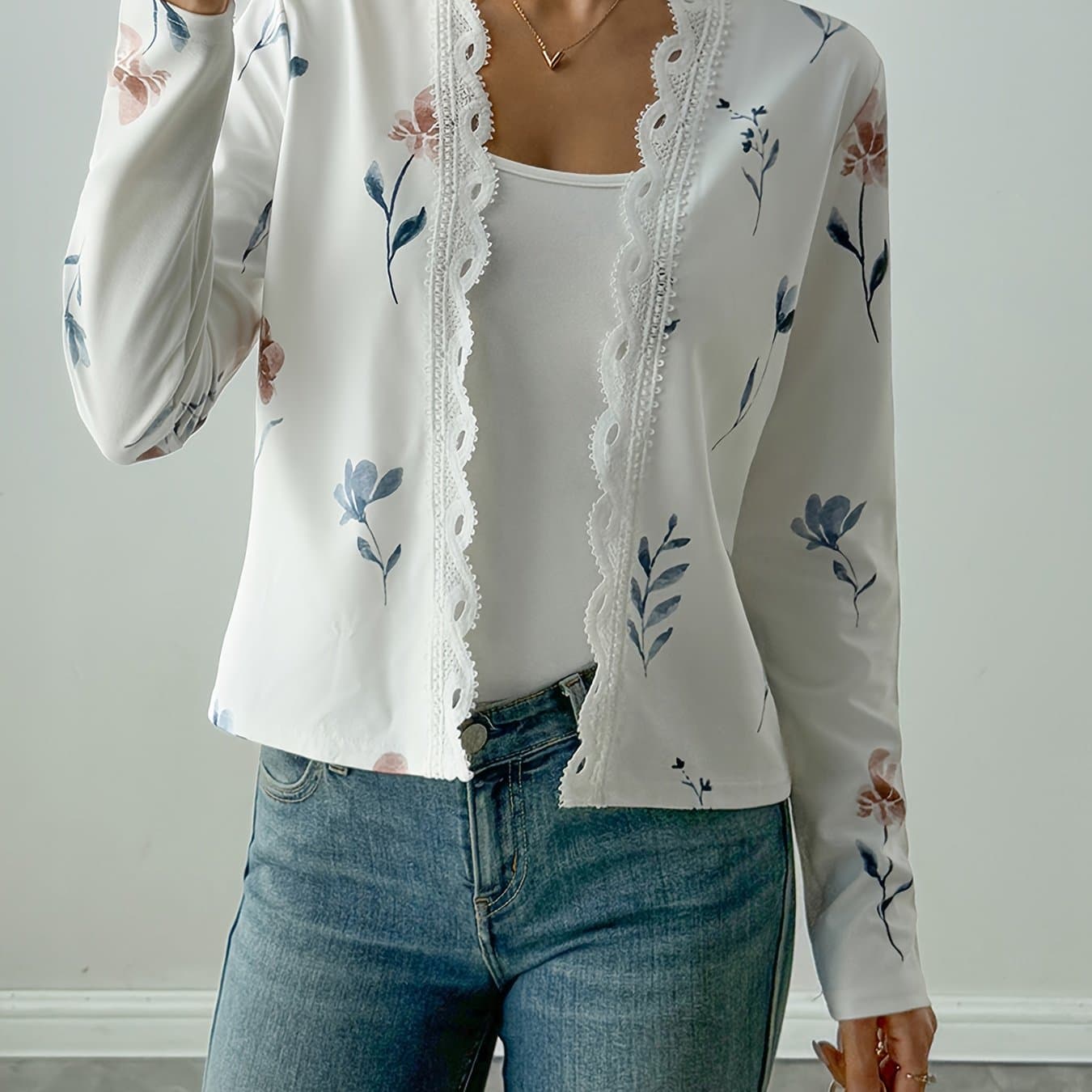 TEMU Printed Long Sleeve Lace Cardigan Jacket