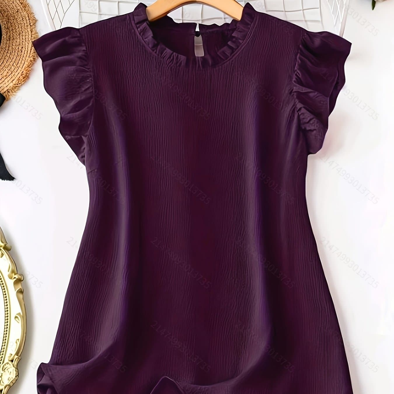 TEMU Spring/summer New Pleated Lace Round Neck Flutter Sleeve Top