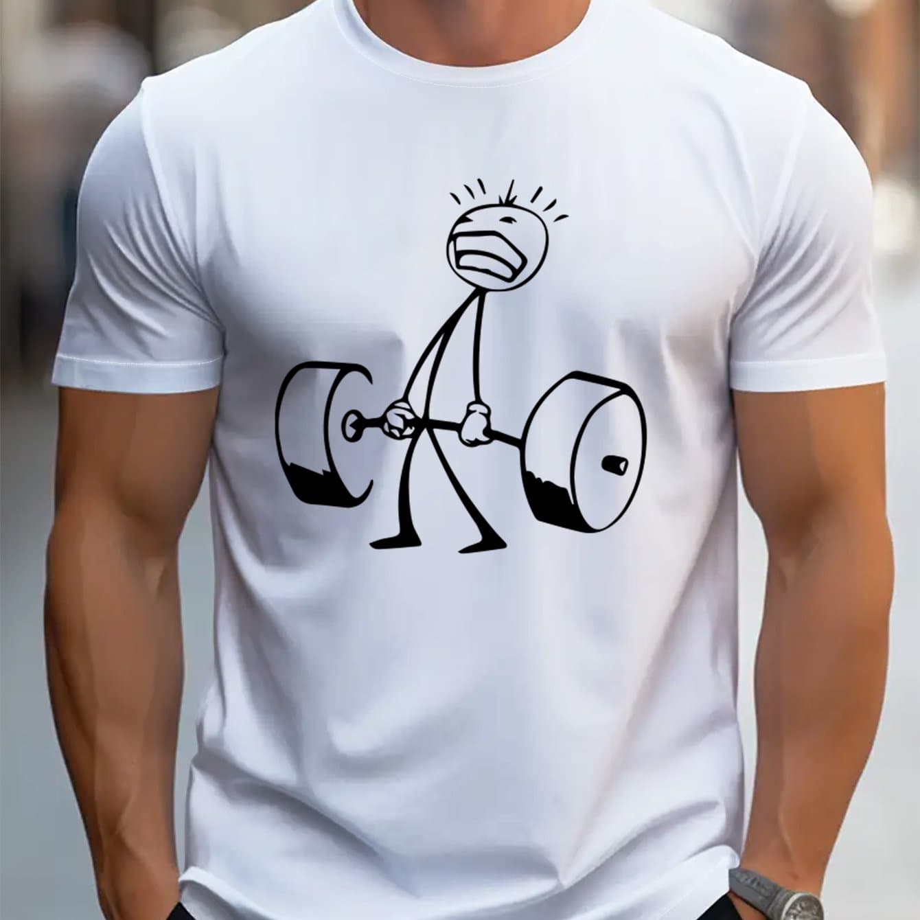 TEMU Men's Round Neck Short Sleeve T-shirt With Weightlifting Print, Fashionable Street Style Breathable Tee, Casual Comfortable Top For Spring , Men's Clothing As A Gift