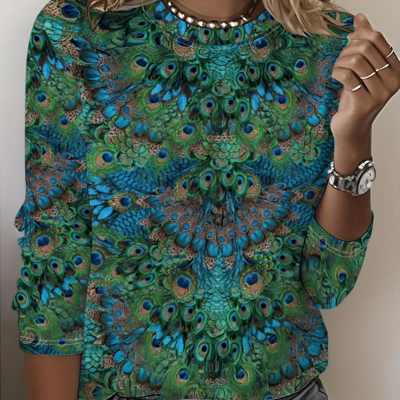 TEMU Print T-shirt, Long Sleeve Round Neck Casual Top, Suitable For Spring And Autumn Season, Women's Clothing