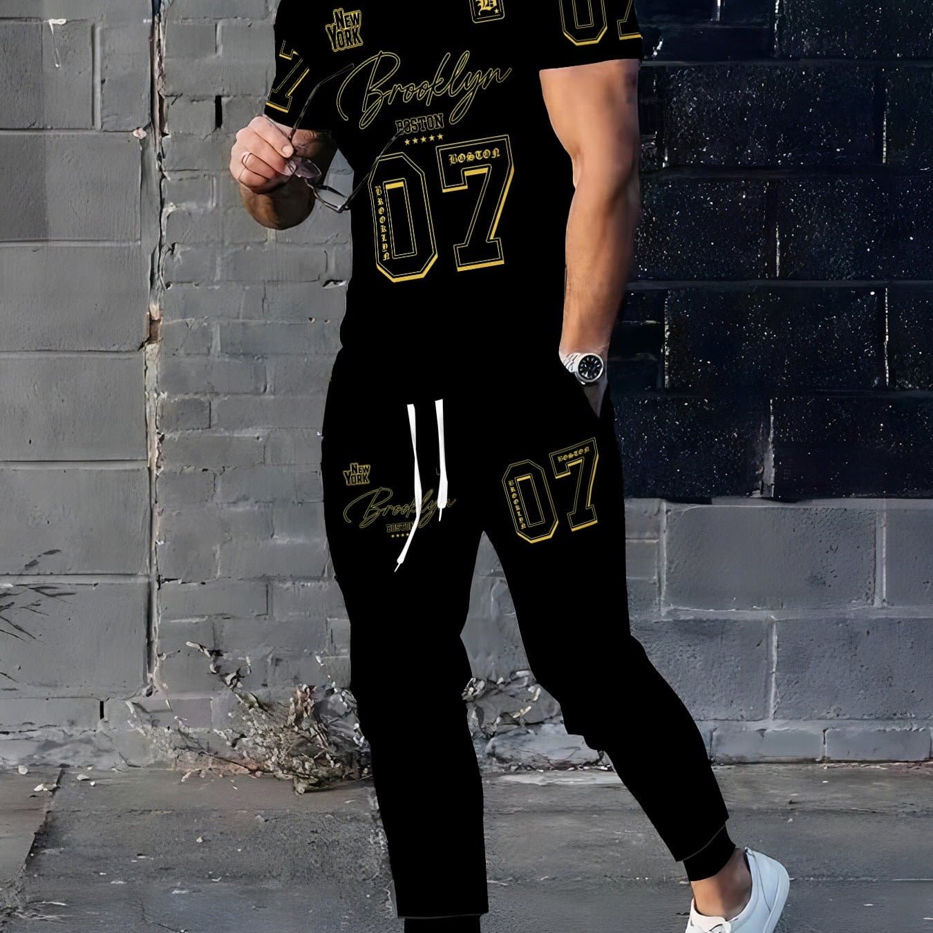 TEMU [printed Design – Not Textured] Men's Brooklyn Black And Golden Printed Set, Solid Black Crew Neck Short Sleeve T-shirt, Number 07 Jogger Sweatpants, Casual Set