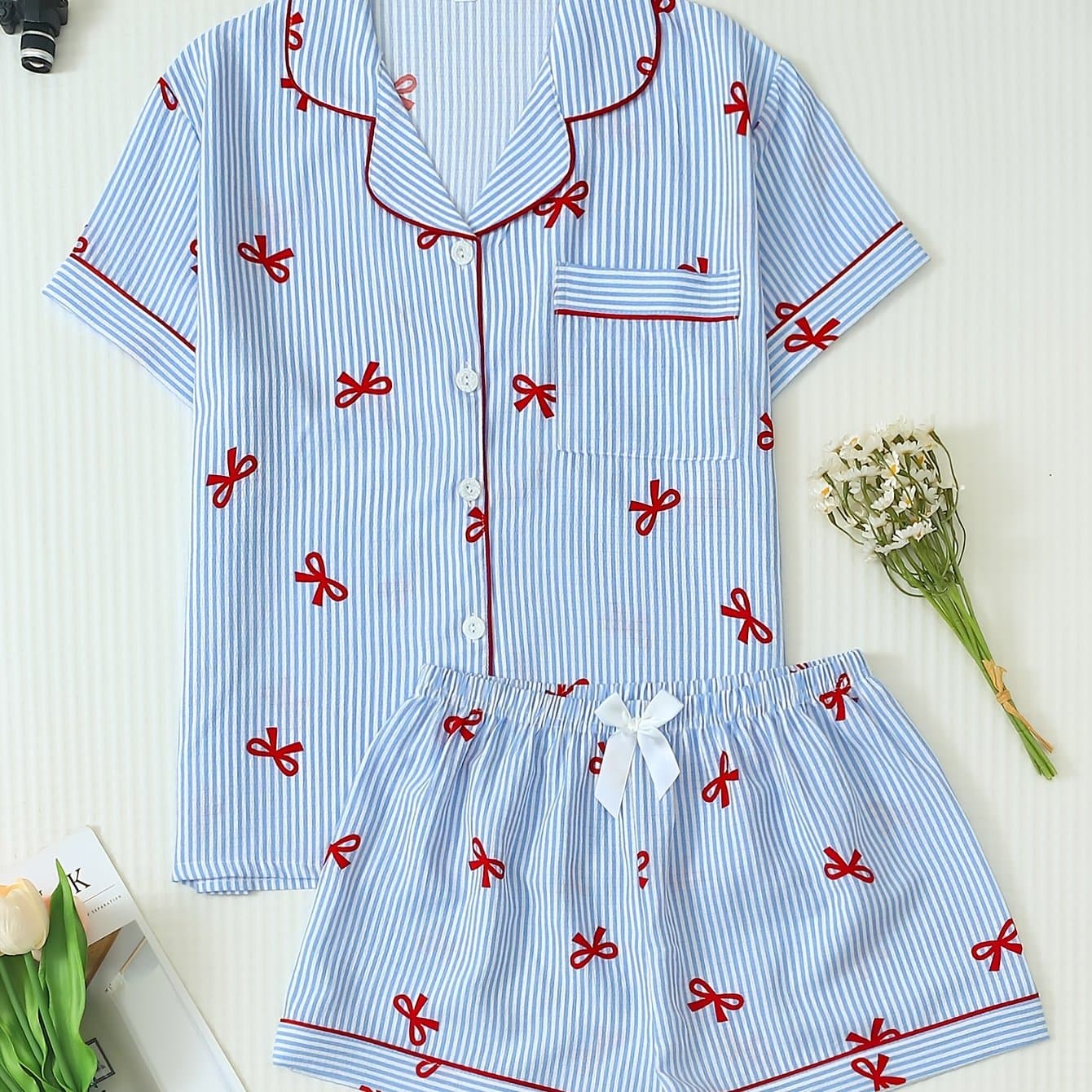 TEMU Women's 2pcs Comfortable Floral Print Lapel Button Short-sleeved Top With Pockets And Bow-knot Shorts Pajama Set For Spring And Wear