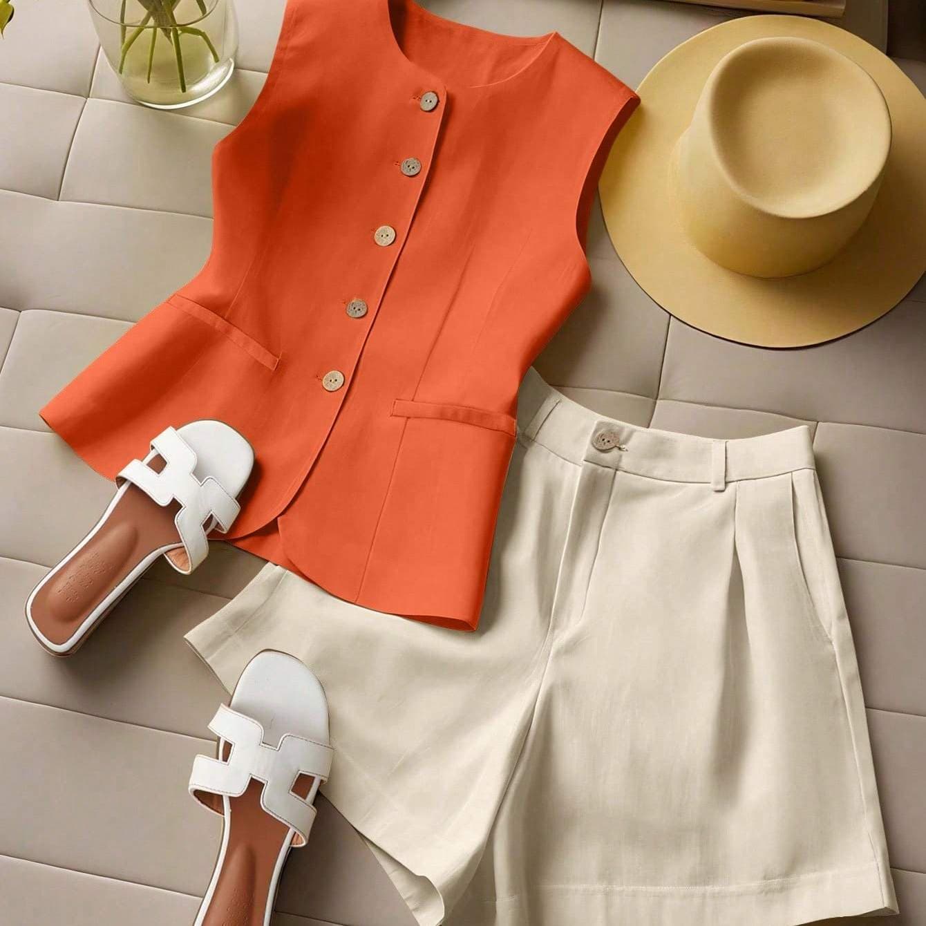 TEMU Women's European And Spring/summer Two-piece Vest And Shorts Set With Pockets T02