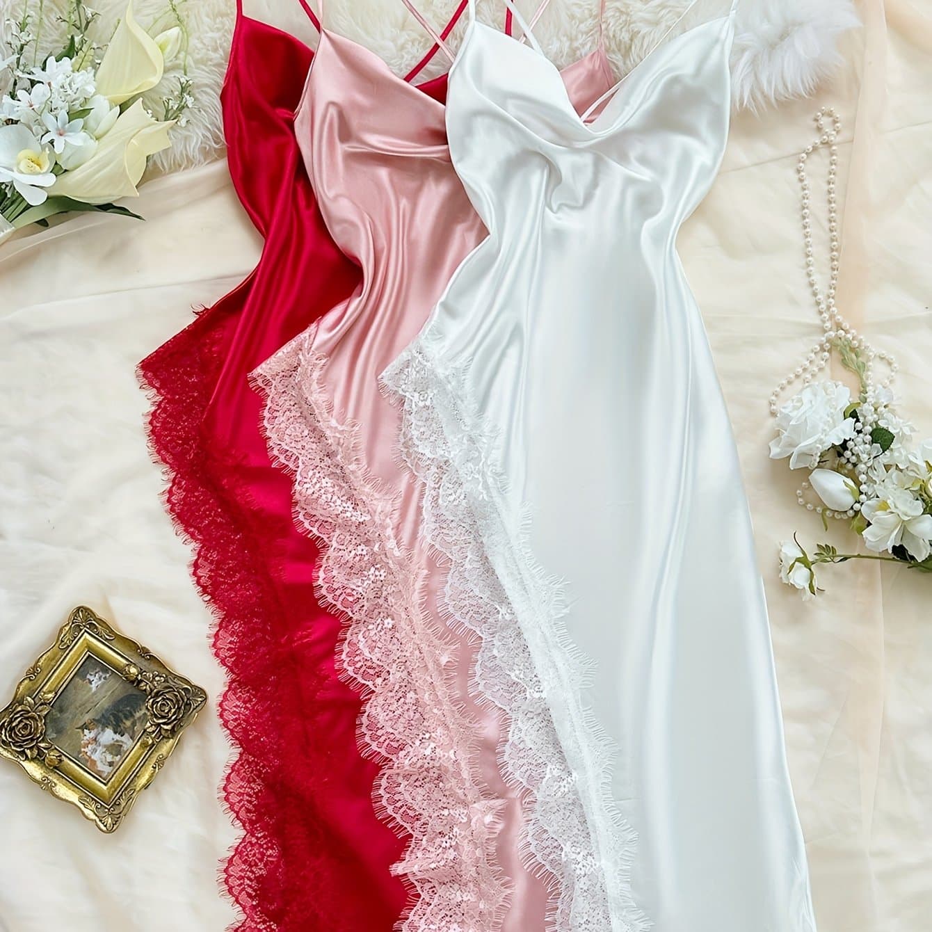TEMU Women's Contrast Lace Splicing Comfortable Long Camisole Nightgown 3pcs Set