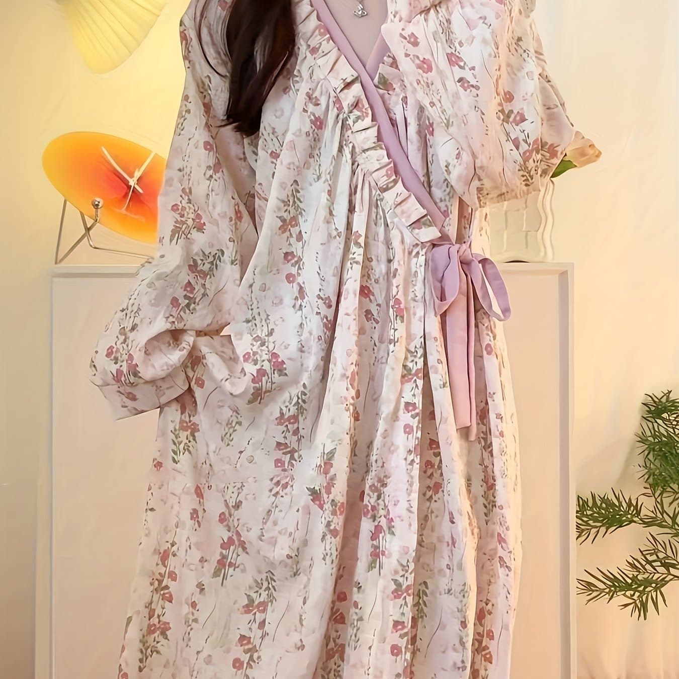 TEMU Long-sleeved Nightgown For Women And Autumn | Cloud-like, V-neck, Floral Pattern, Bow Detail, Suitable For Sleeping, Bathing, Or
